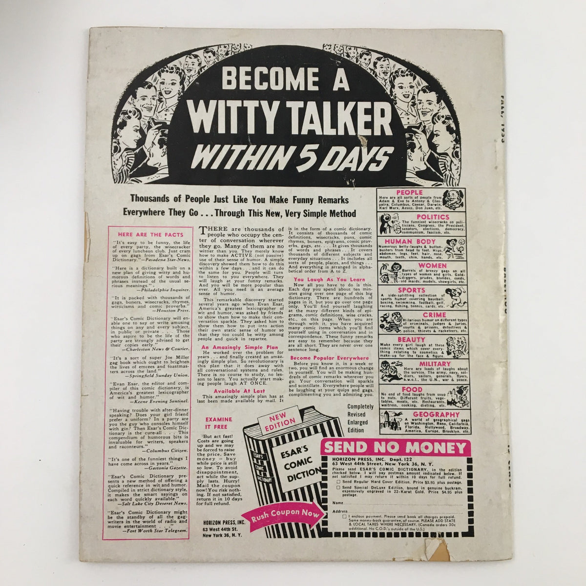 Back cover of Ballyhoo Humor Magazine Fall 1953 featuring an advertisement titled 'Become a Witty Talker Within 5 Days,' promoting a comic dictionary with humorous elements.