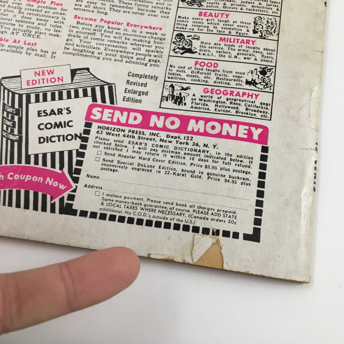 Close-up of the advertisement on the back cover of Ballyhoo Humor Magazine Fall 1953, detailing the offer for Esar's Comic Dictionary, highlighting a playful approach to humor.