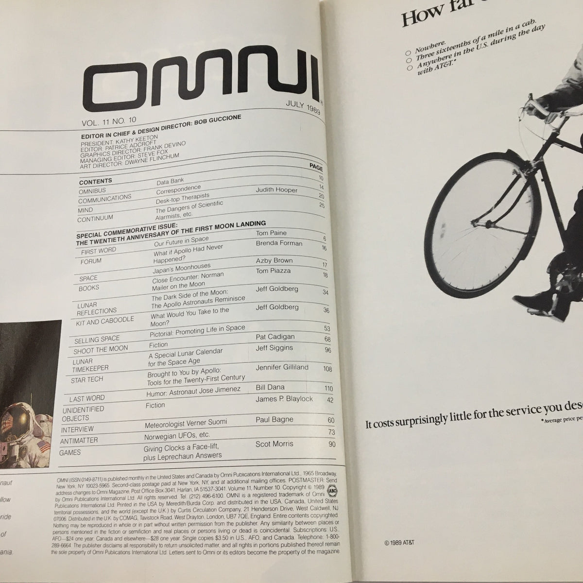 Contents page of Omni Magazine July 1989, listing articles including 'Reflections on Space' by Norman Mailer and various features about the first moon landing and space exploration.