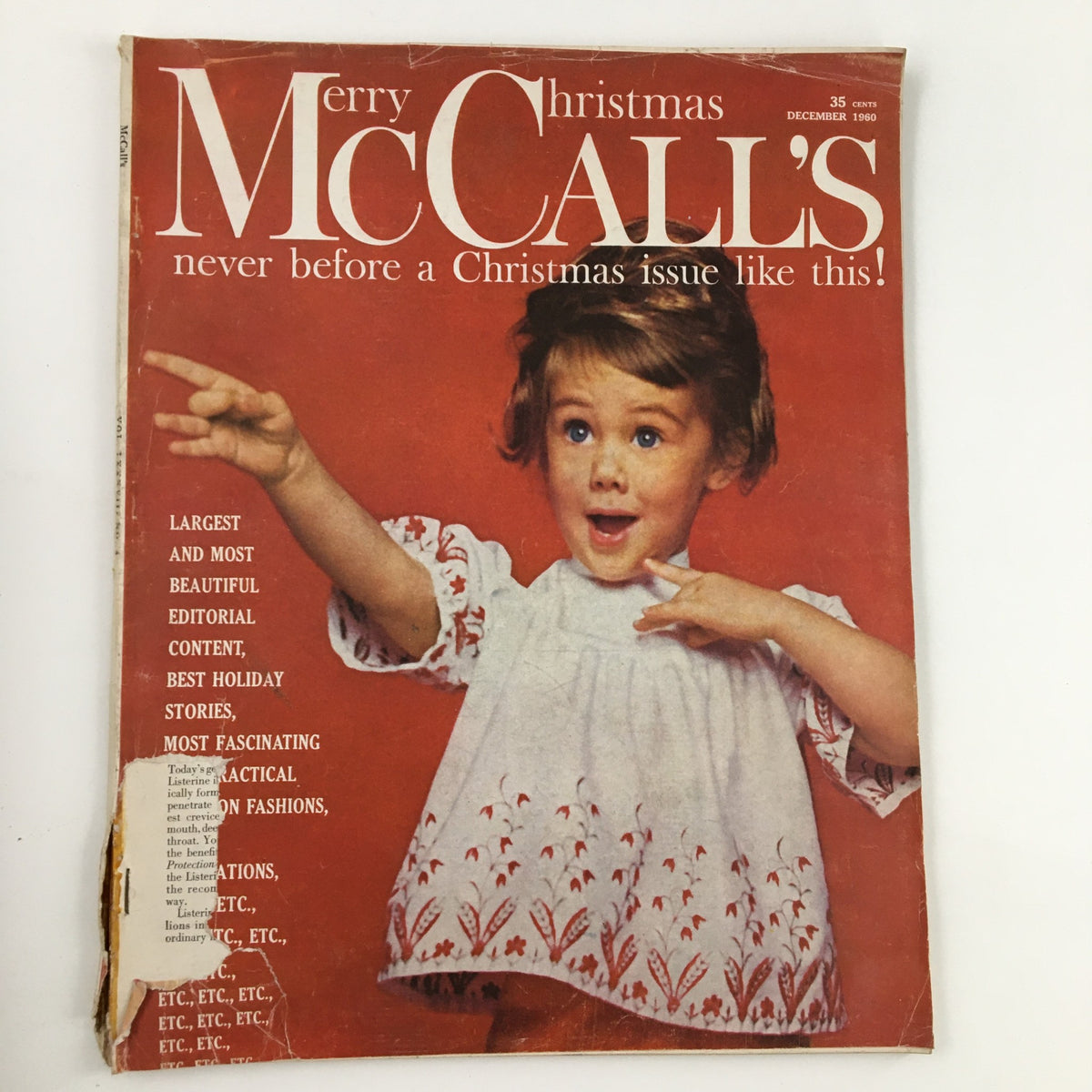 Cover of McCall's Magazine December 1960 featuring a young girl in a festive outfit, promoting holiday fashion and home ideas.