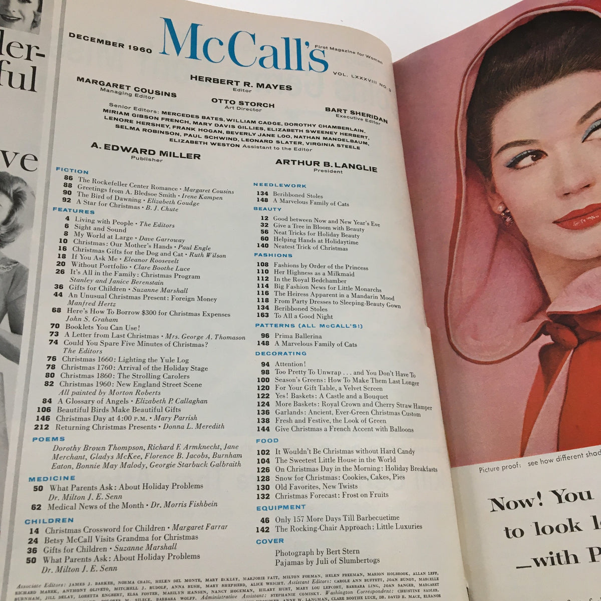Inside page of McCall's Magazine December 1960 displaying the contents and features, with a focus on holiday-themed articles and fashion.