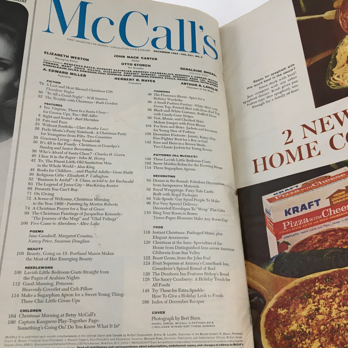 Inside spread of McCall's Magazine December 1963, displaying the table of contents with articles related to holiday themes and family activities.