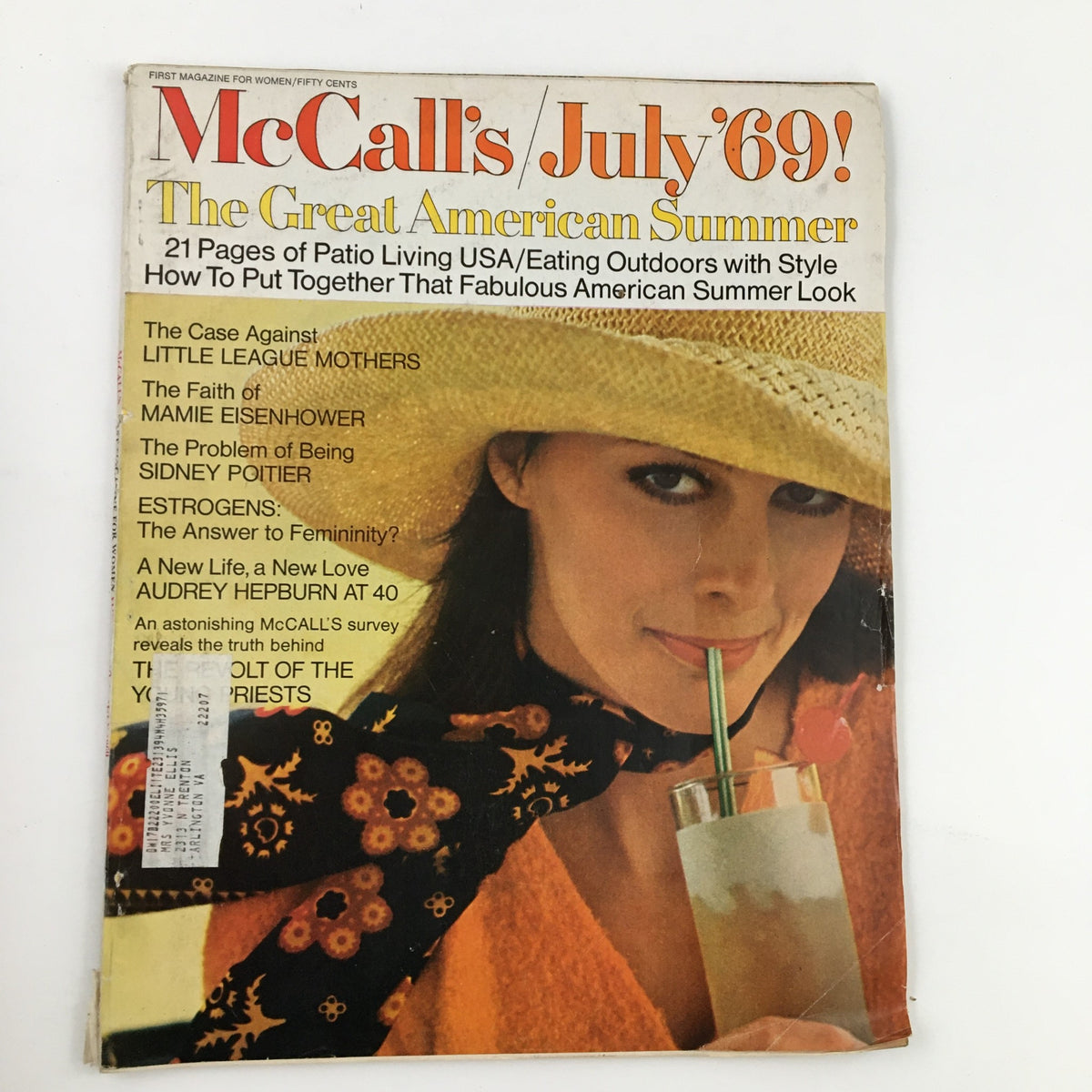 Cover of McCall's Magazine July 1969 featuring the article 'The Case Against Little League Mothers' and a model in a sun hat enjoying a drink.