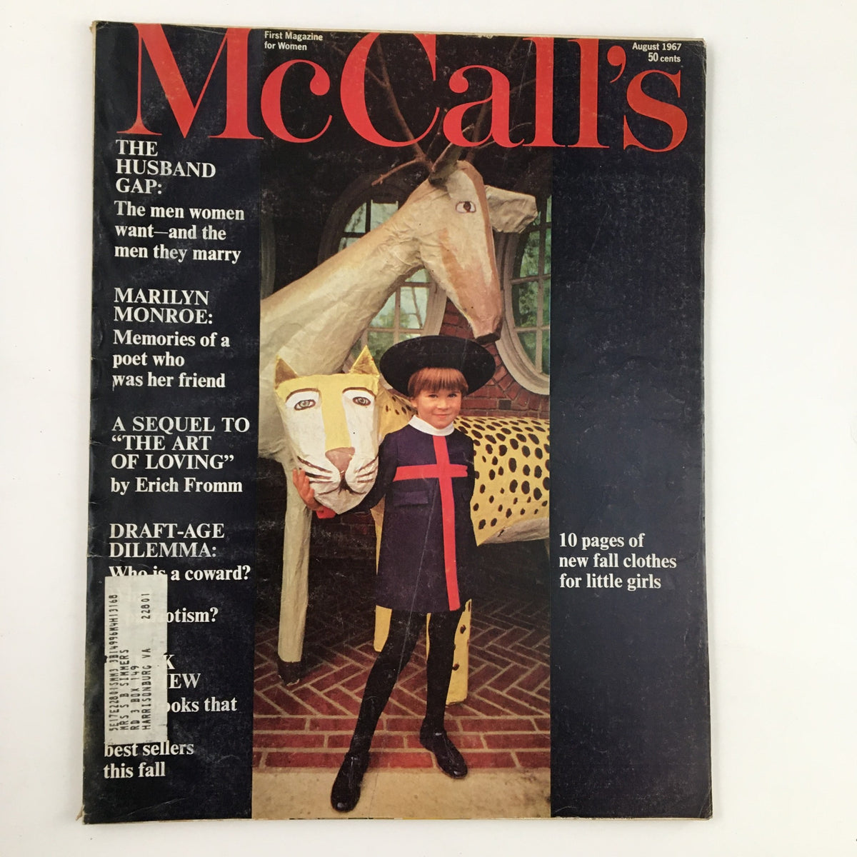 Cover of McCall's Magazine August 1967 featuring the title 'Marilyn Monroe: Memories of a Poet, Was Her Friend' alongside a young girl holding a lion mask and a large horse sculpture.