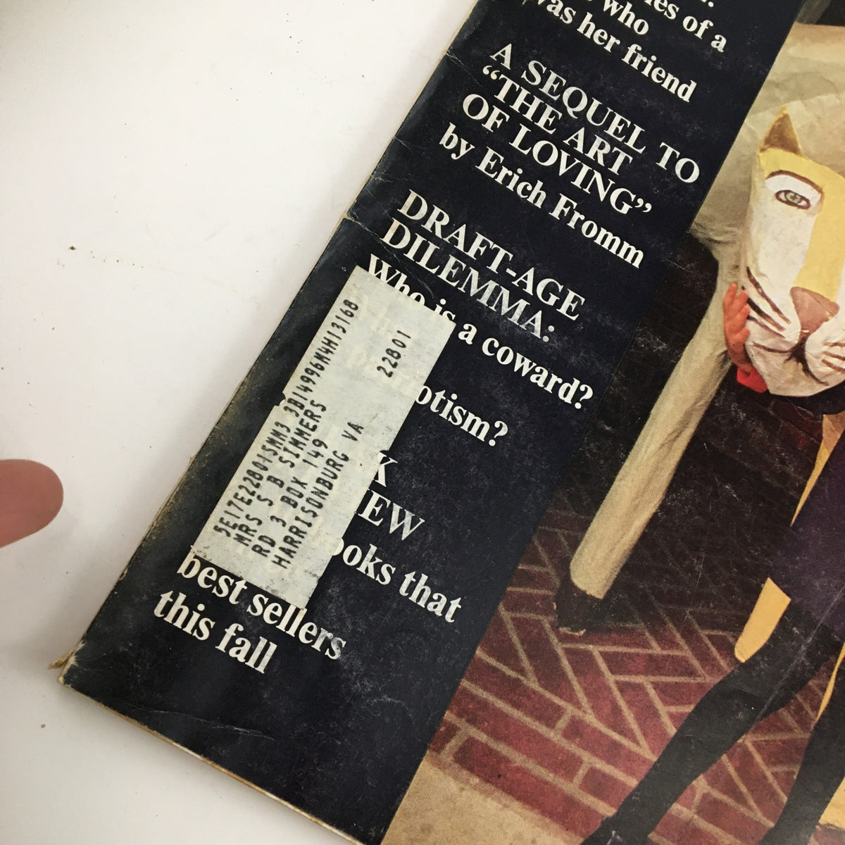 Close-up of the McCall's Magazine August 1967 cover showing the address label and additional article titles, including 'Draft-Age Dilemma: Who is a coward?' and 'A Sequel to The Art of Loving'.