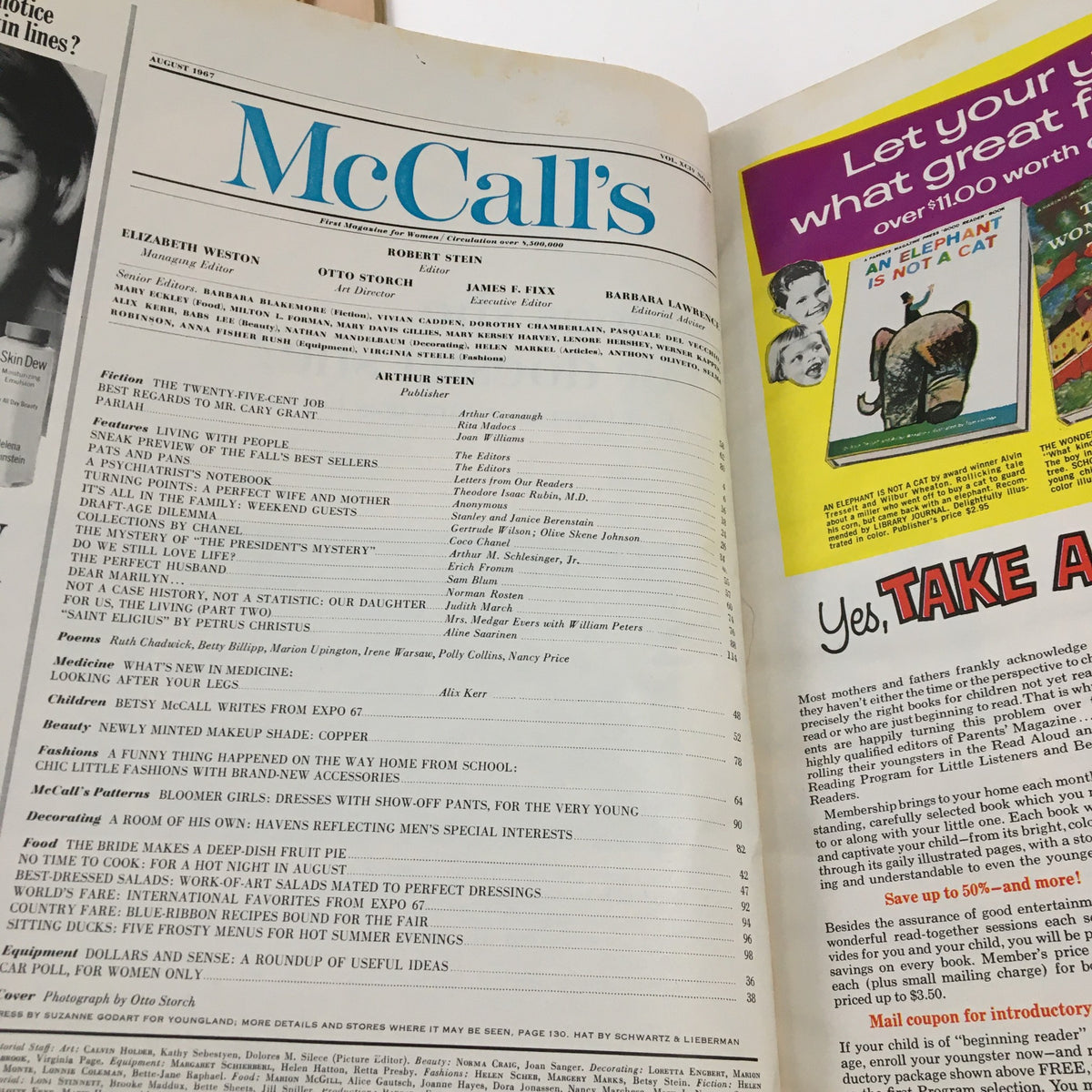 Inside page of McCall's Magazine August 1967 featuring the table of contents and advertisements, showcasing articles including 'Living with People' and 'A Funny Thing Happened on the Way Home from School,' reflecting the magazine's focus on culture and lifestyle of the 1960s.