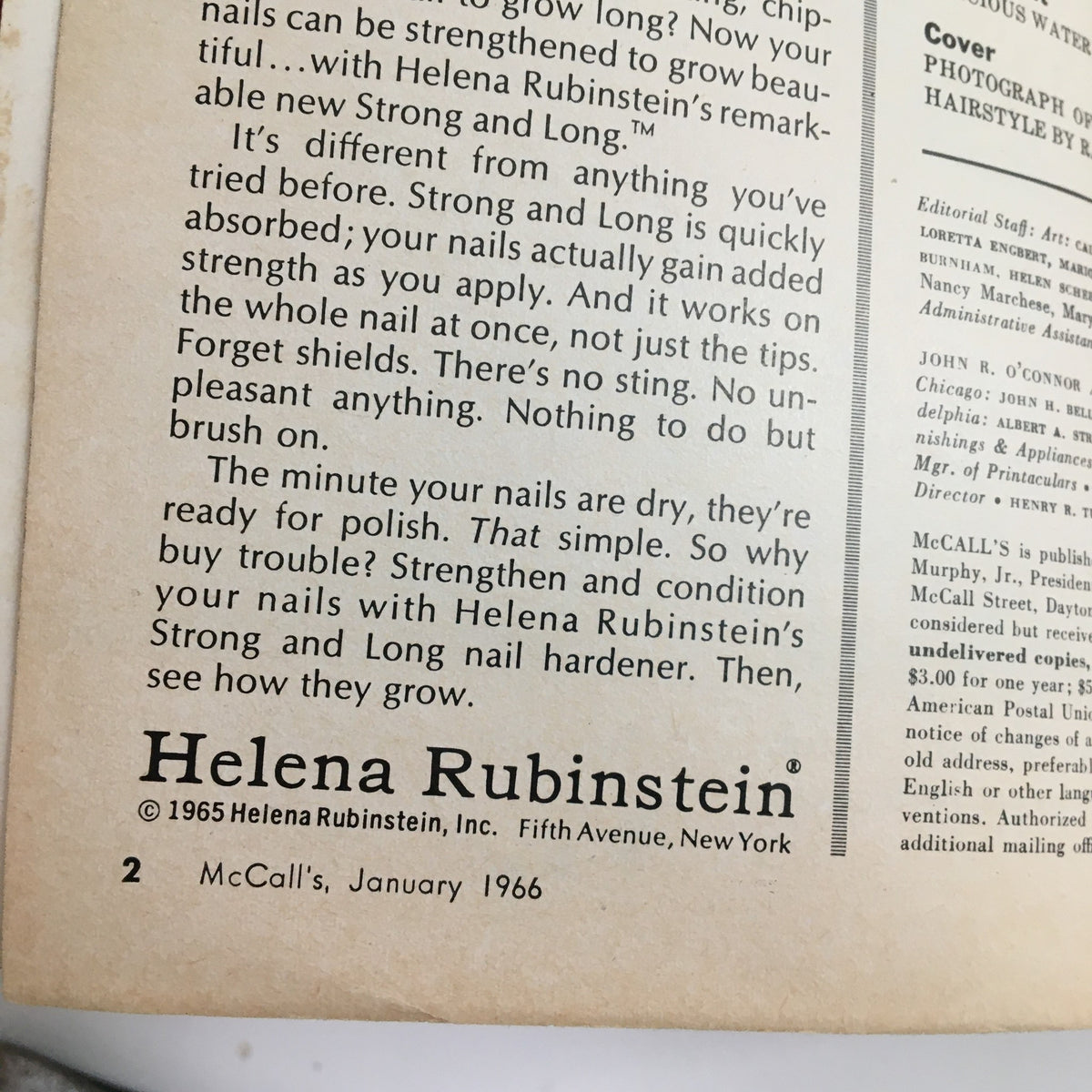Advertisement in McCall's Magazine January 1966 for Helena Rubinstein's Strong and Long nail hardener, highlighting benefits for nail care and polish readiness.