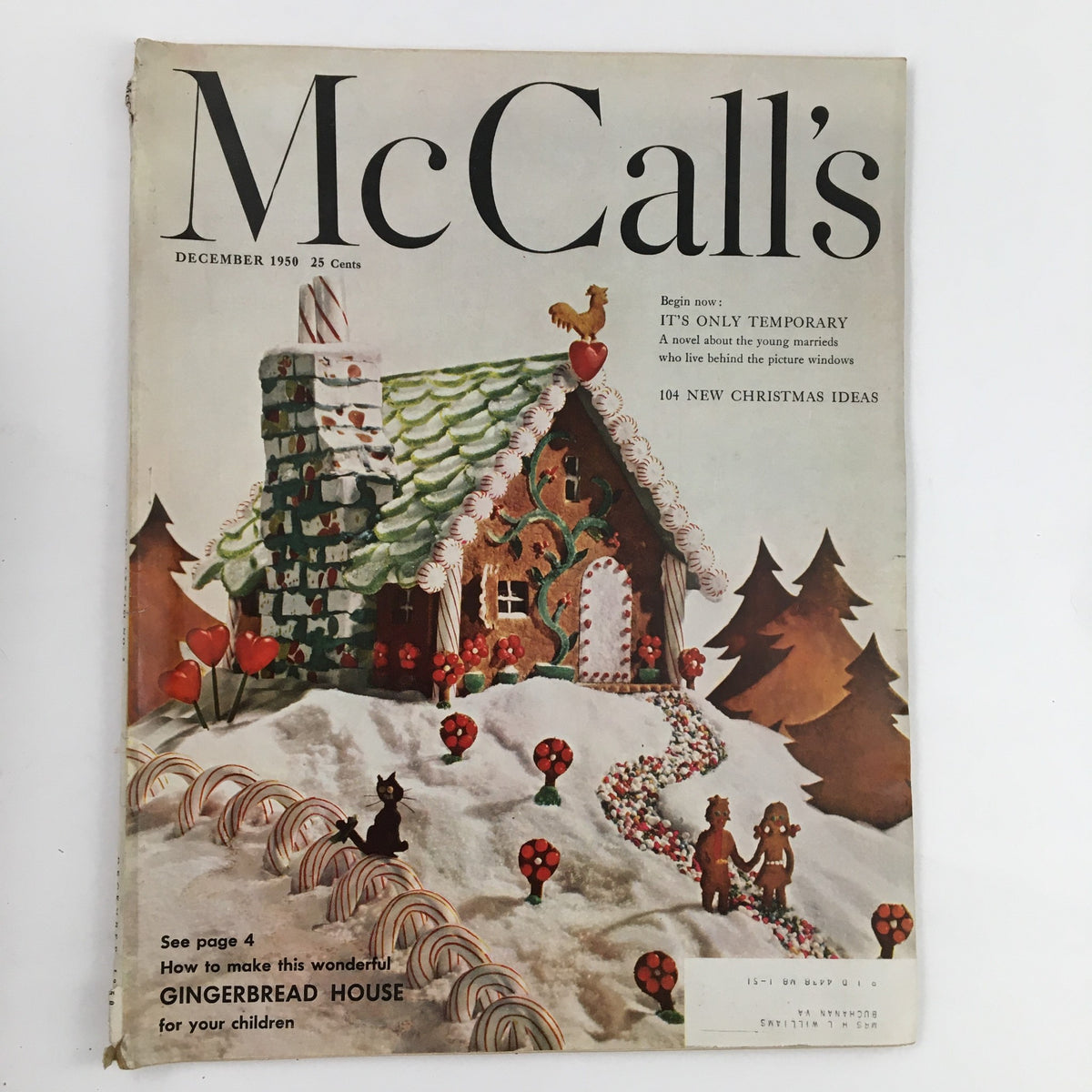 Cover of McCall's Magazine December 1950 featuring a festive gingerbread house and holiday decorations, highlighting the article on how to make this wonderful gingerbread house.