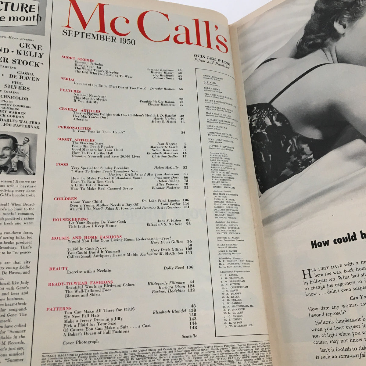 Inside view of McCall's Magazine September 1950 displaying the table of contents and articles featured in the issue.