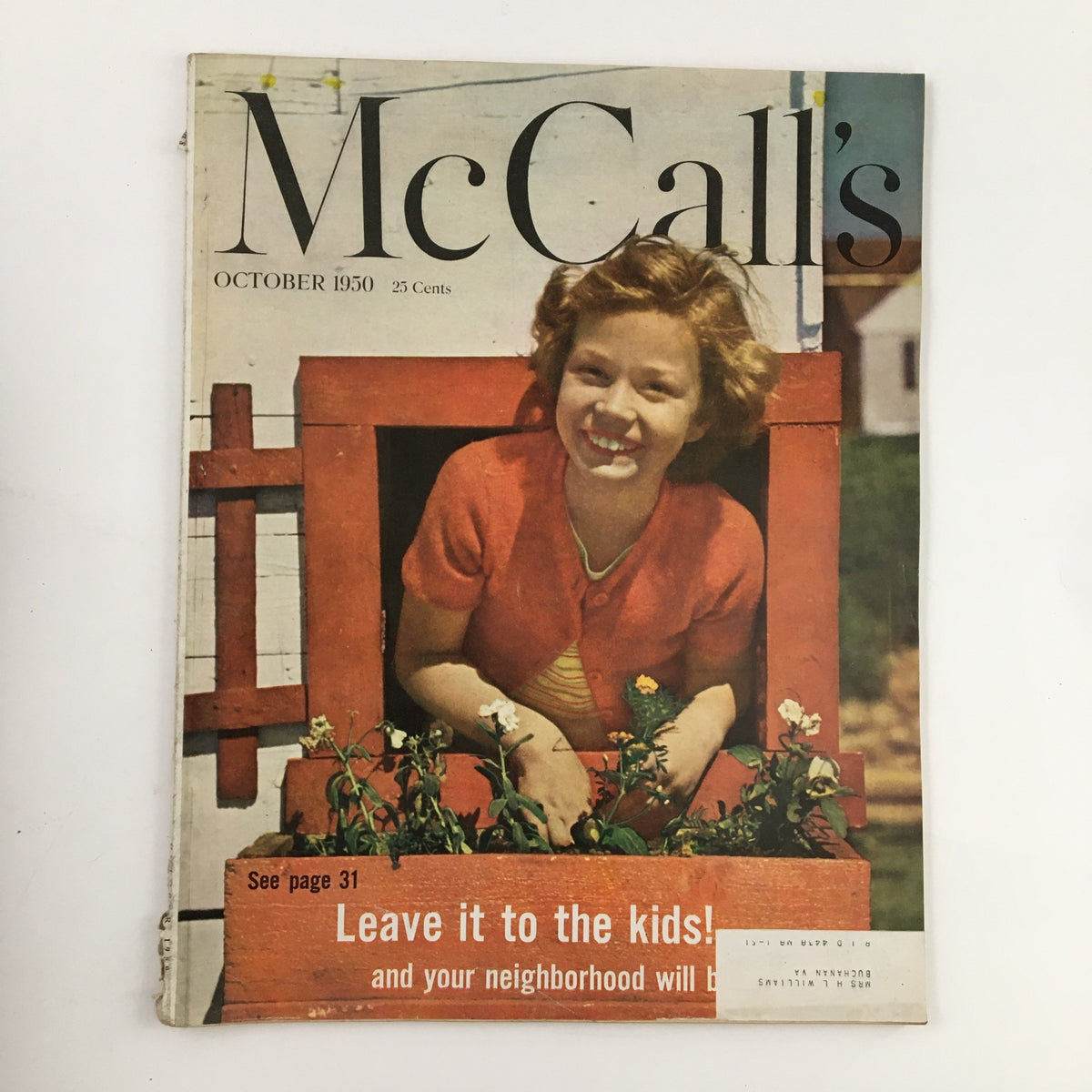 Cover of McCall's Magazine October 1950 featuring a young girl in a cheerful pose, with the tagline 'Leave it to the kids!' highlighting childhood innocence and vintage style.