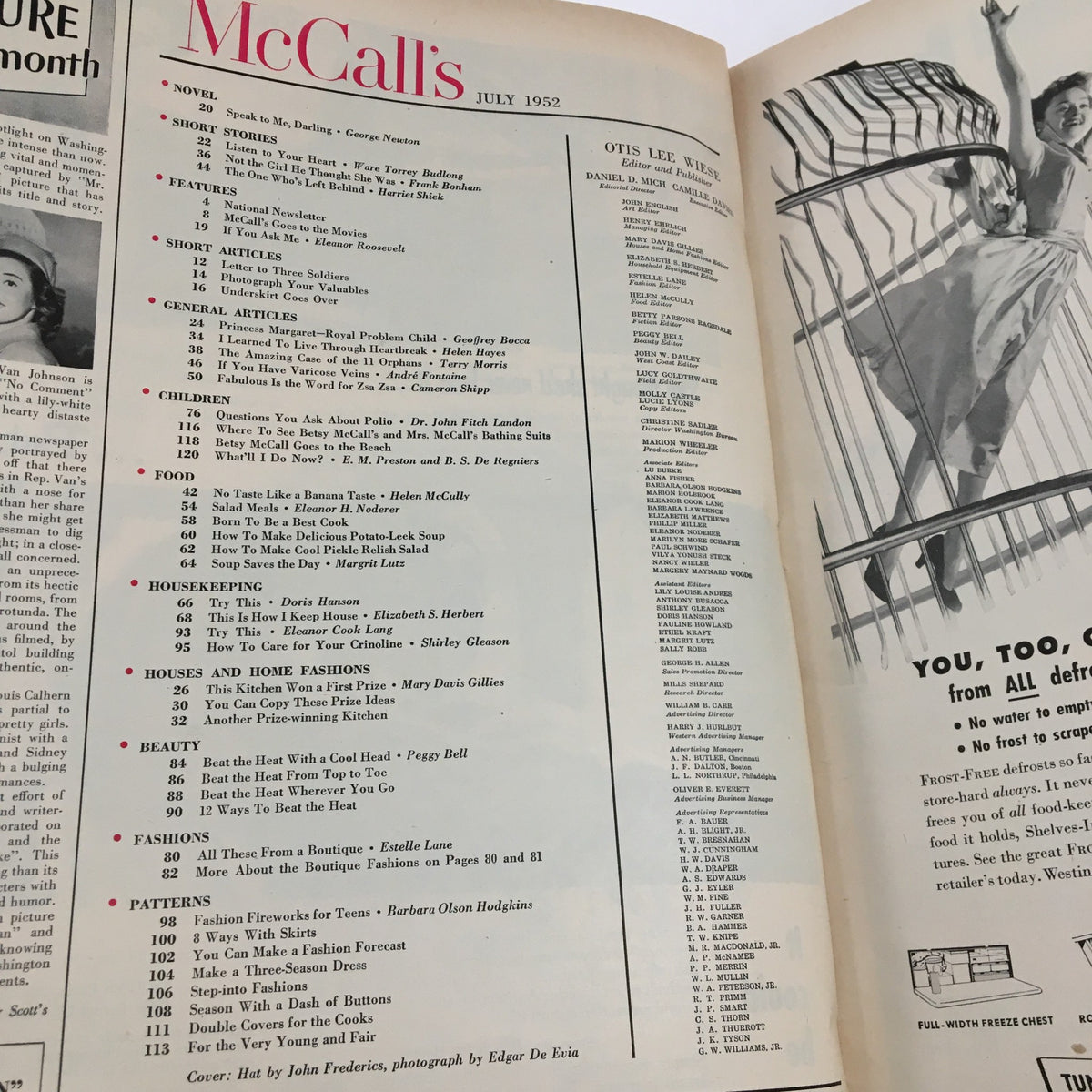 Table of contents page from McCall's Magazine July 1952, detailing articles and features including 'Princess Margaret: A Royal Problem Child' and various lifestyle topics.