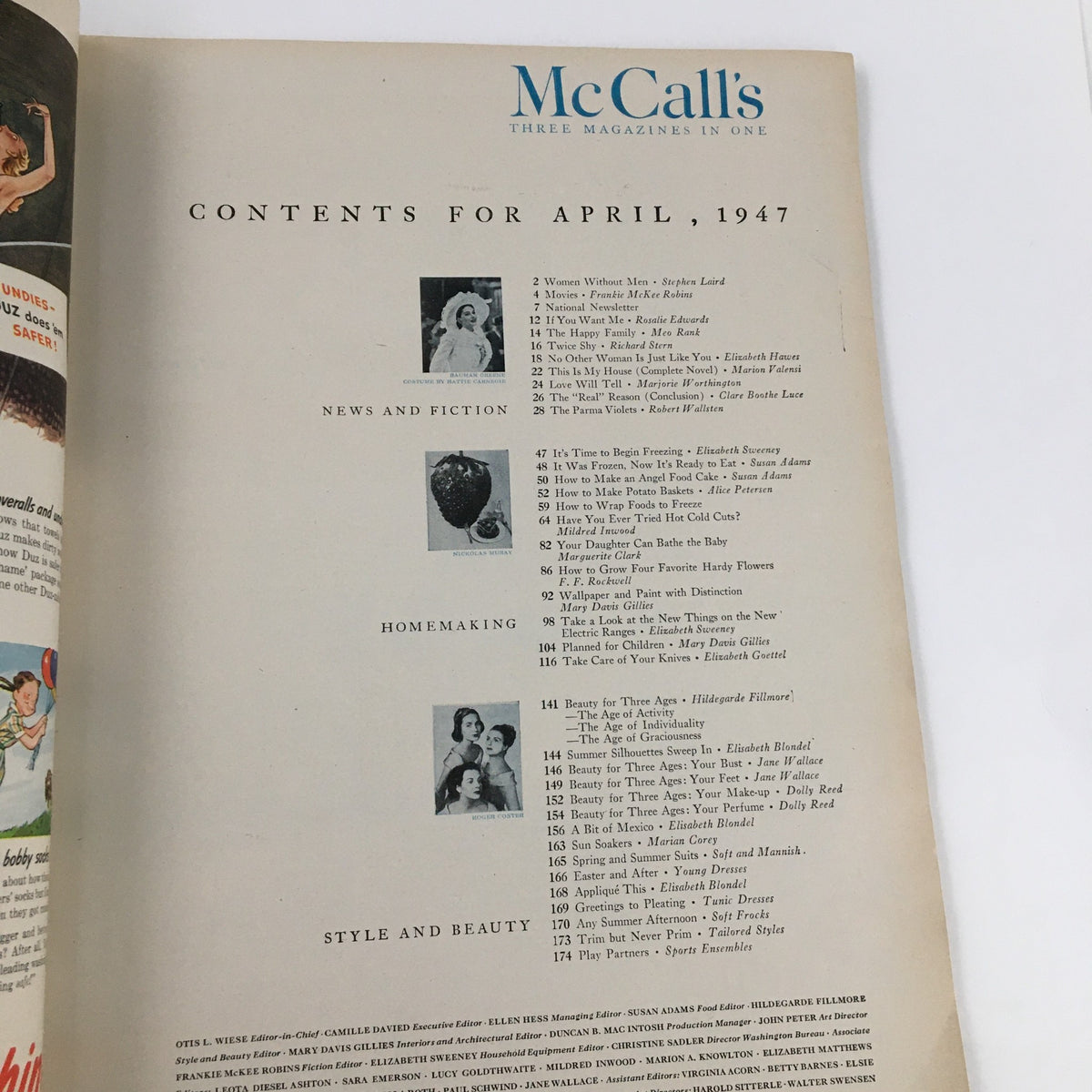 Contents page of McCall's Magazine April 1947 listing articles on fashion, homemaking, and news, emphasizing the magazine's multifaceted themes.