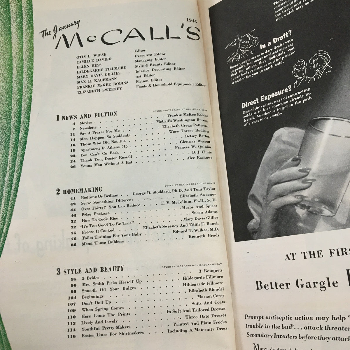 Interior pages of McCall's Magazine January 1945 displaying the table of contents and articles, emphasizing homemaking and style advice.