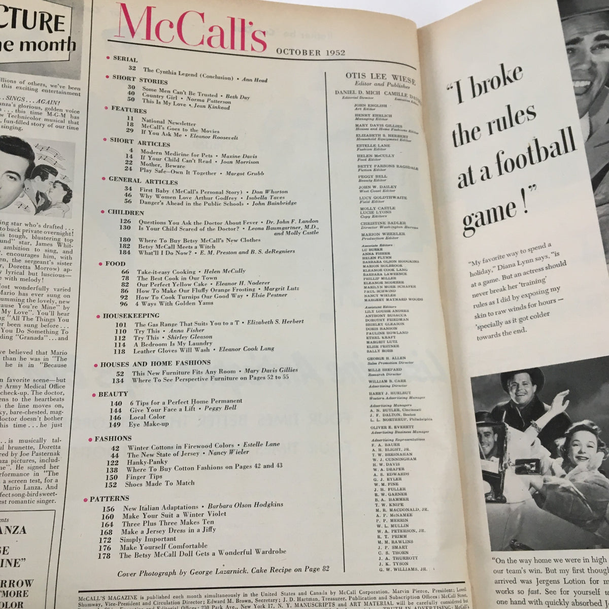 Inside page of McCall's Magazine October 1952 displaying the table of contents, featuring various articles on fashion, food, and home, indicative of the magazine's vintage offerings.