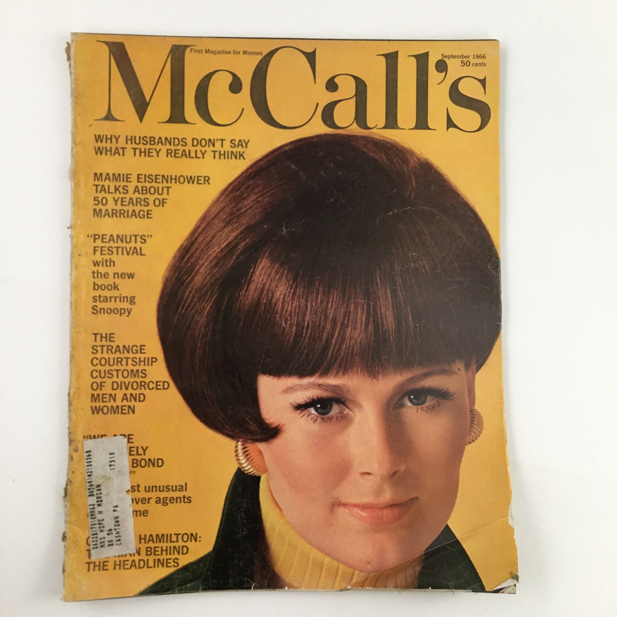 Cover of McCall's Magazine September 1966 featuring Mamie Eisenhower discussing 50 years of marriage, with a vintage style model wearing a black outfit and large earrings.