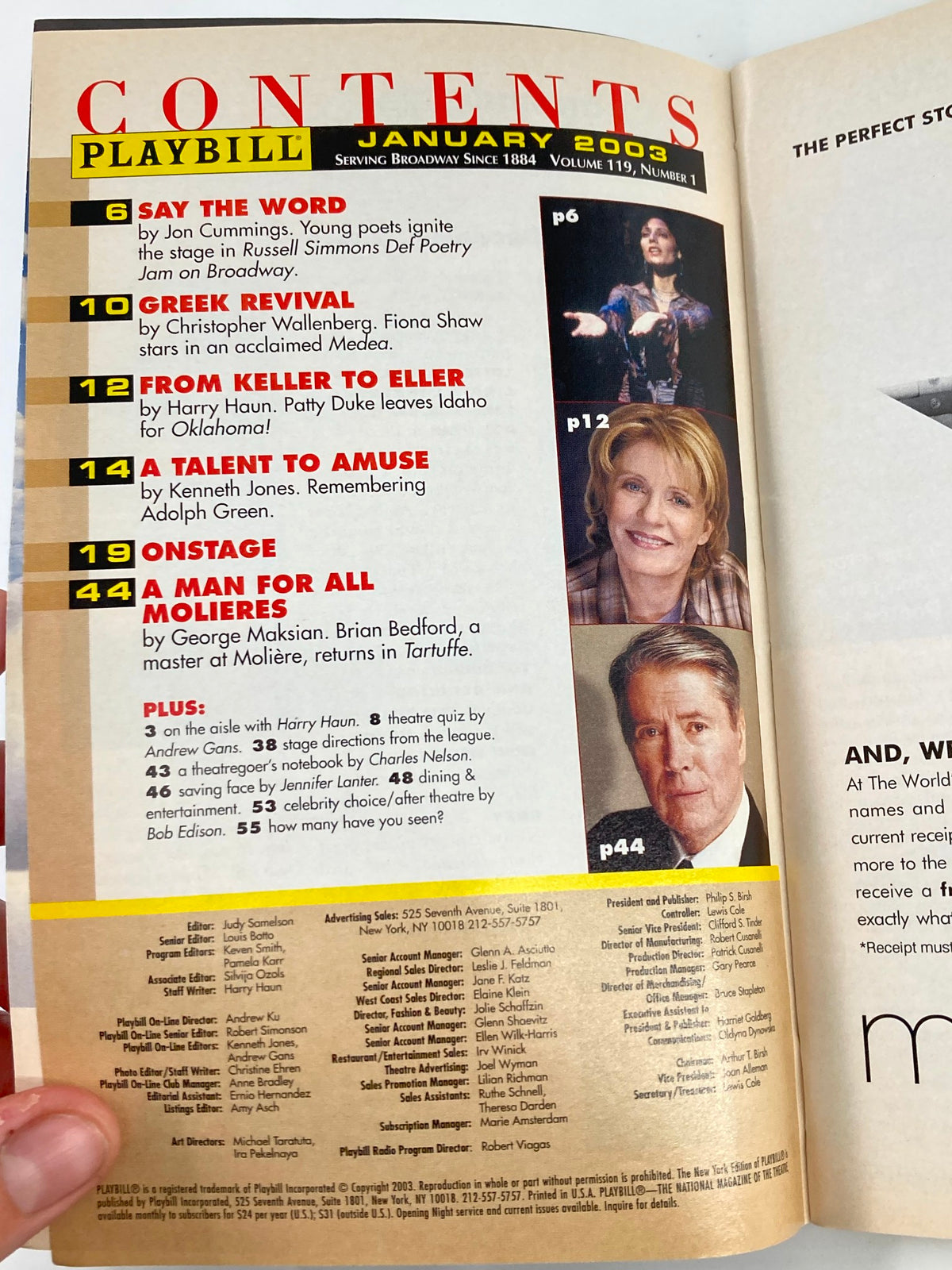 Inside contents page of the January 2003 Playbill, showcasing various articles and features from the Minskoff Theatre.