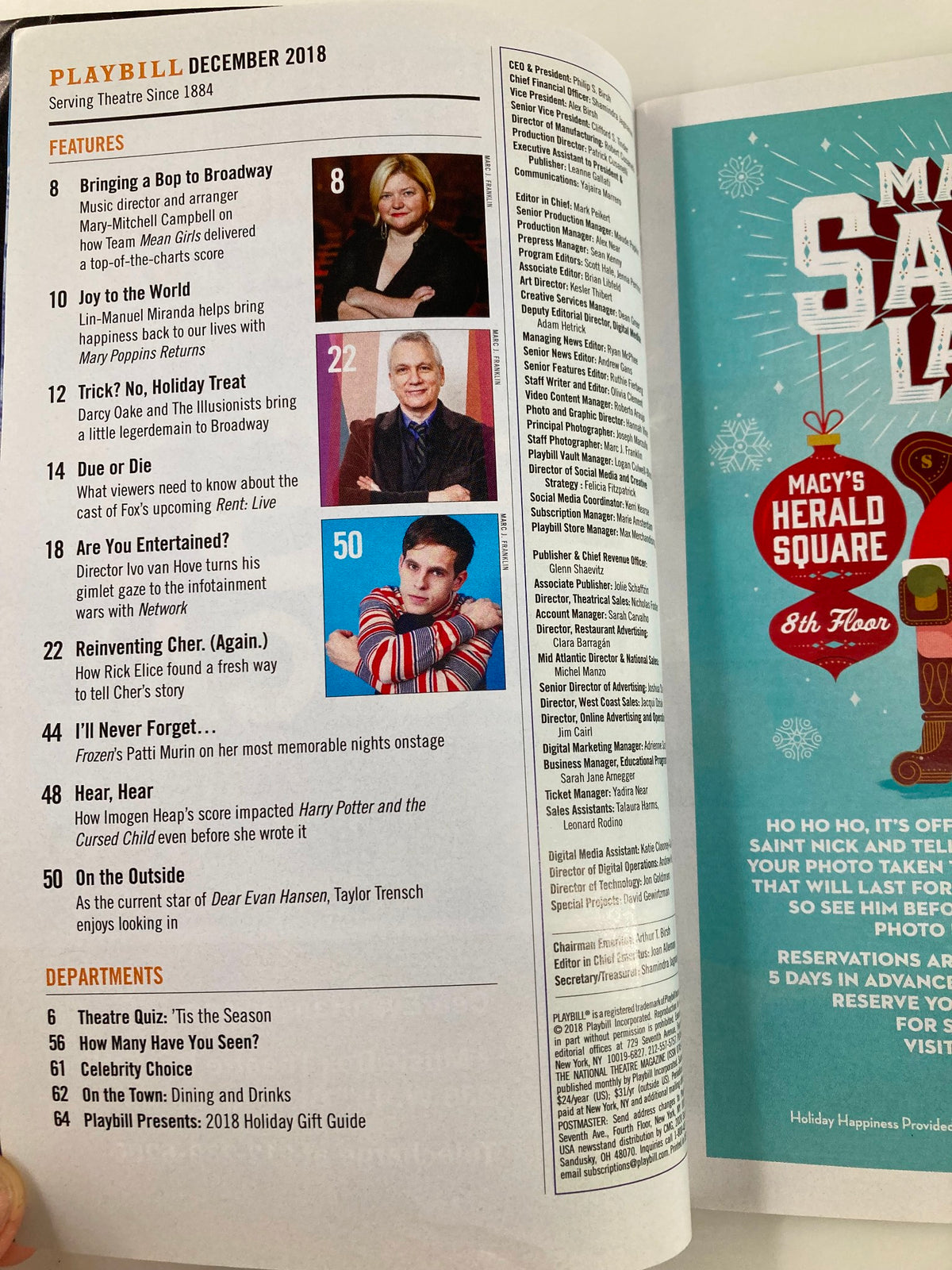 Inside page of the 2018 Playbill from Winter Garden Theatre showcasing magazine features and information.