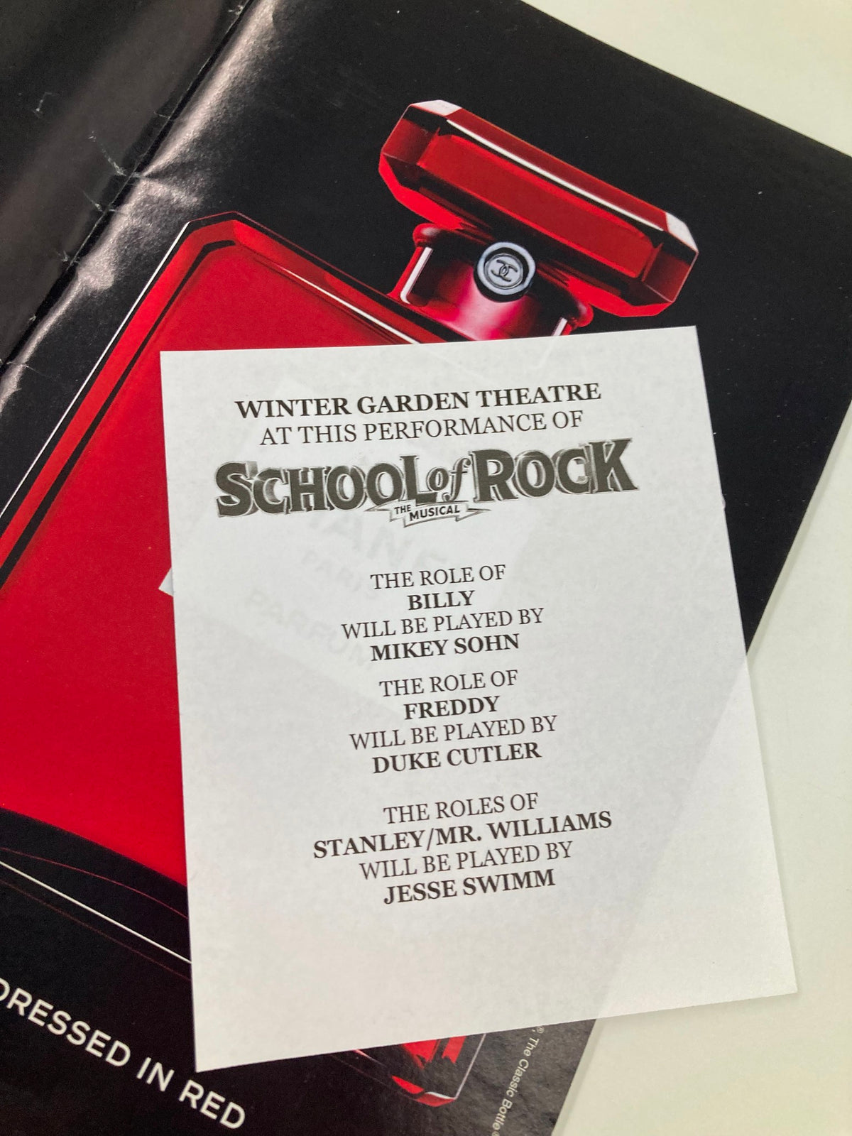 Printed performance cast list for School of Rock musical at Winter Garden Theatre, detailing character roles.