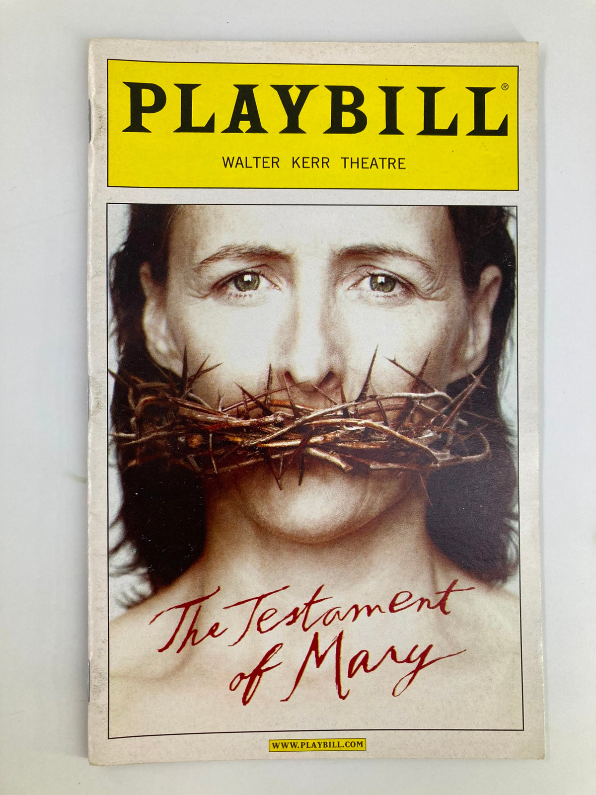 2013 Playbill from Walter Kerr Theatre featuring Fiona Shaw in The Testament of Mary, showcasing a dramatic cover with the title prominently displayed and an artistic image related to the play.