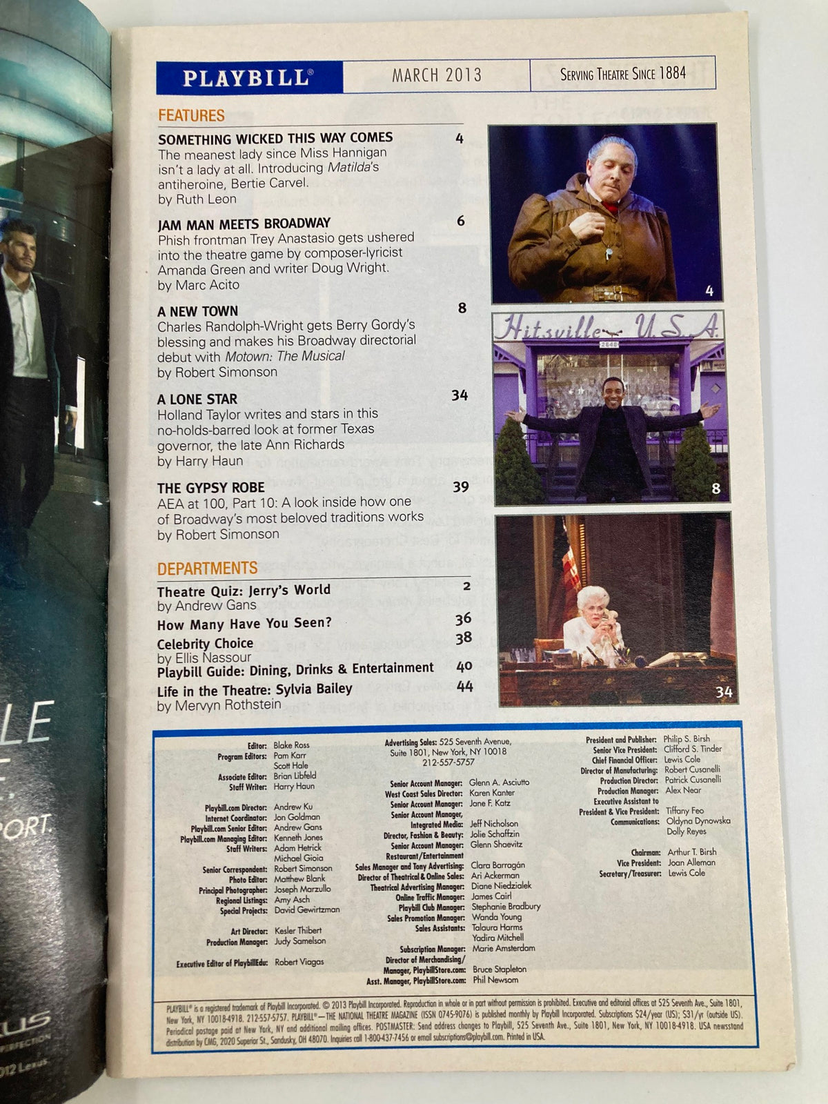 Playbill from March 2013 featuring Fiona Shaw in The Testament of Mary at Walter Kerr Theatre, showcasing articles and highlights from the production.