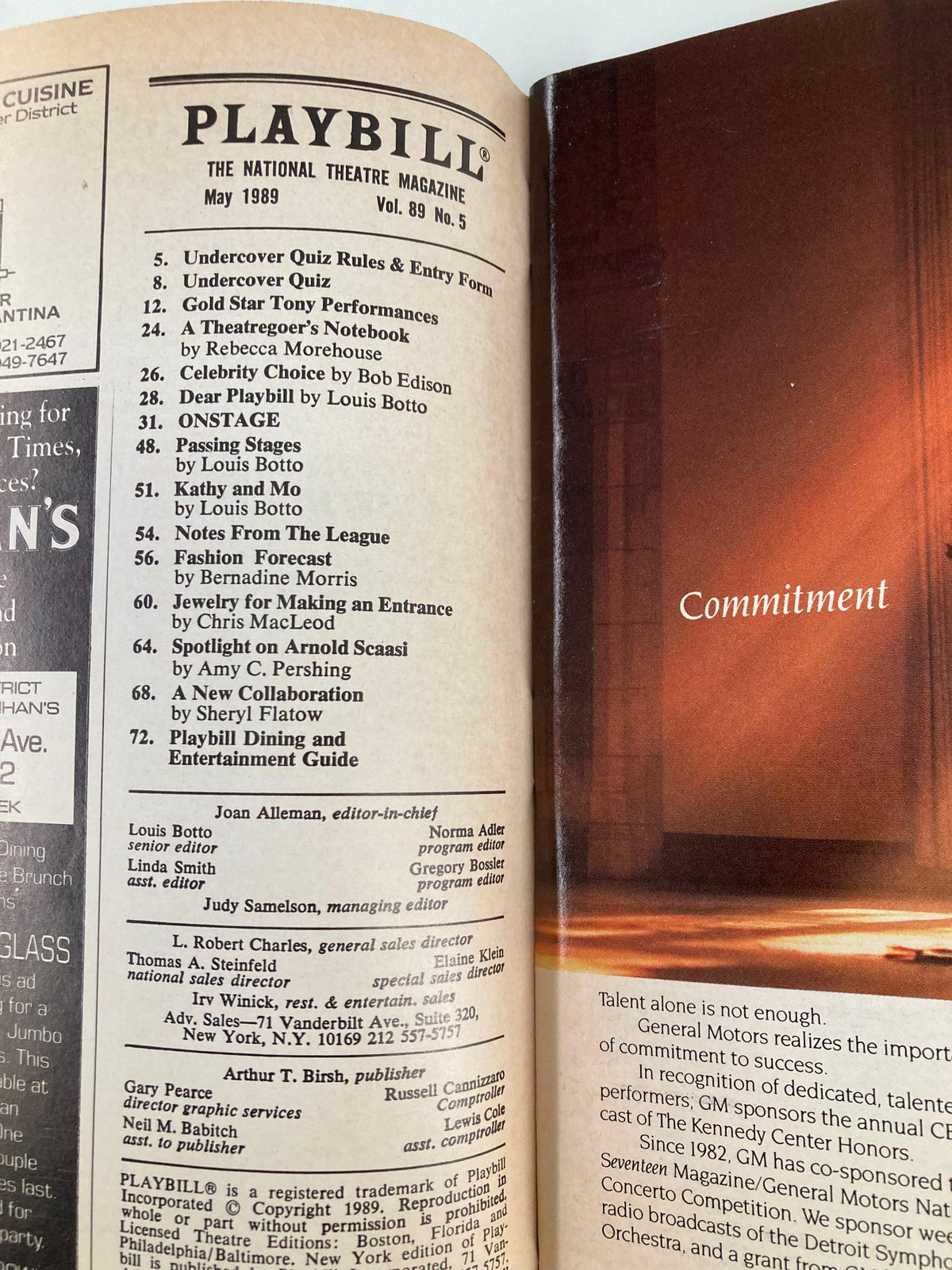 Inside page of the May 1989 Playbill, showcasing the table of contents and magazine credits for 'The Lisbon Traviata' by Terence McNally, volume 89 no. 5.