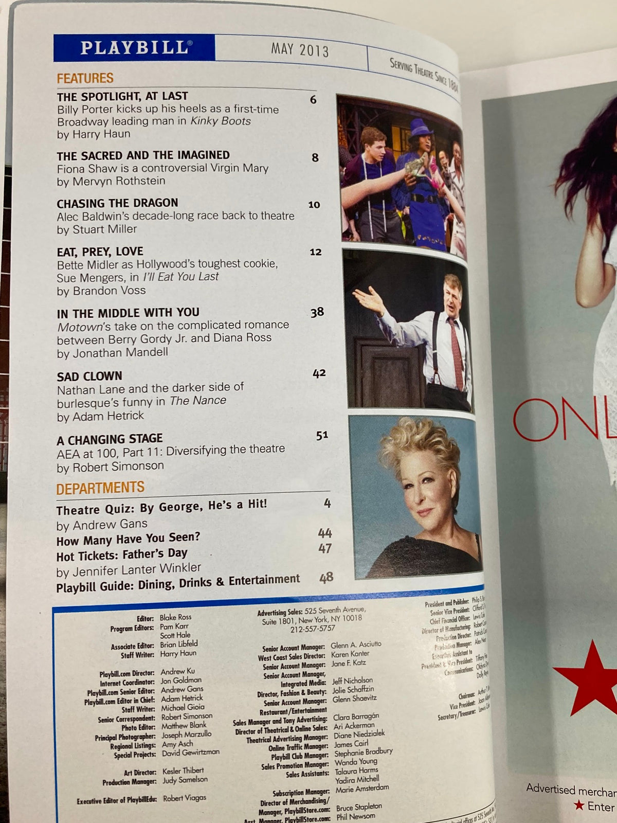 Table of contents from the 2013 Playbill featuring Tom Hanks in Lucky Guy by Nora Ephron at Broadhurst Theatre, including features and department sections.