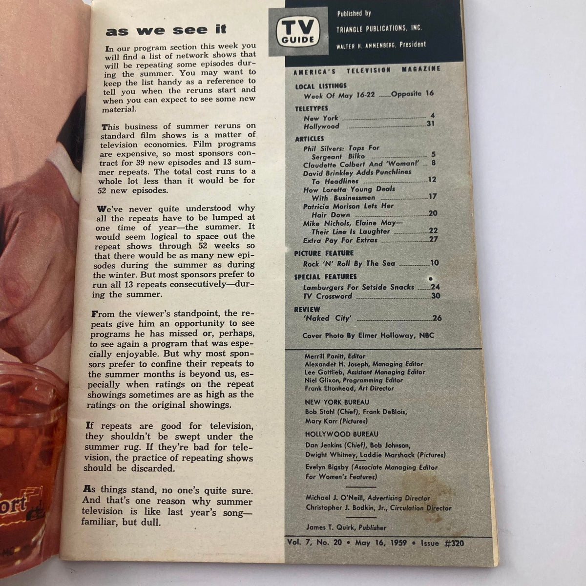Inside page of TV Guide Magazine May 16 1959 #320 displaying television listings and articles about summer reruns and programming insights.