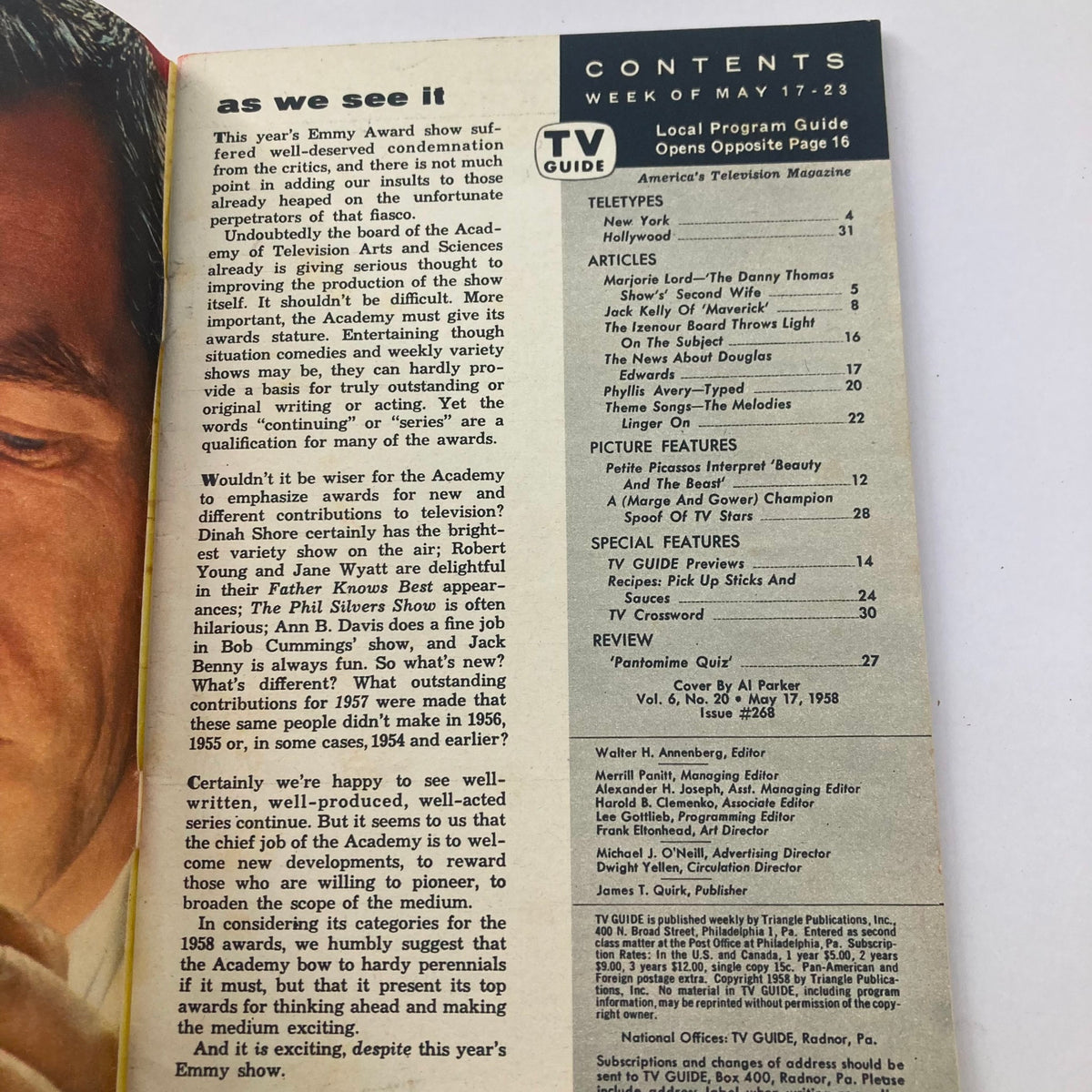 Interior page of TV Guide Magazine May 17 1958 #268 displaying contents and articles about television shows, including a feature on Danny Thomas.