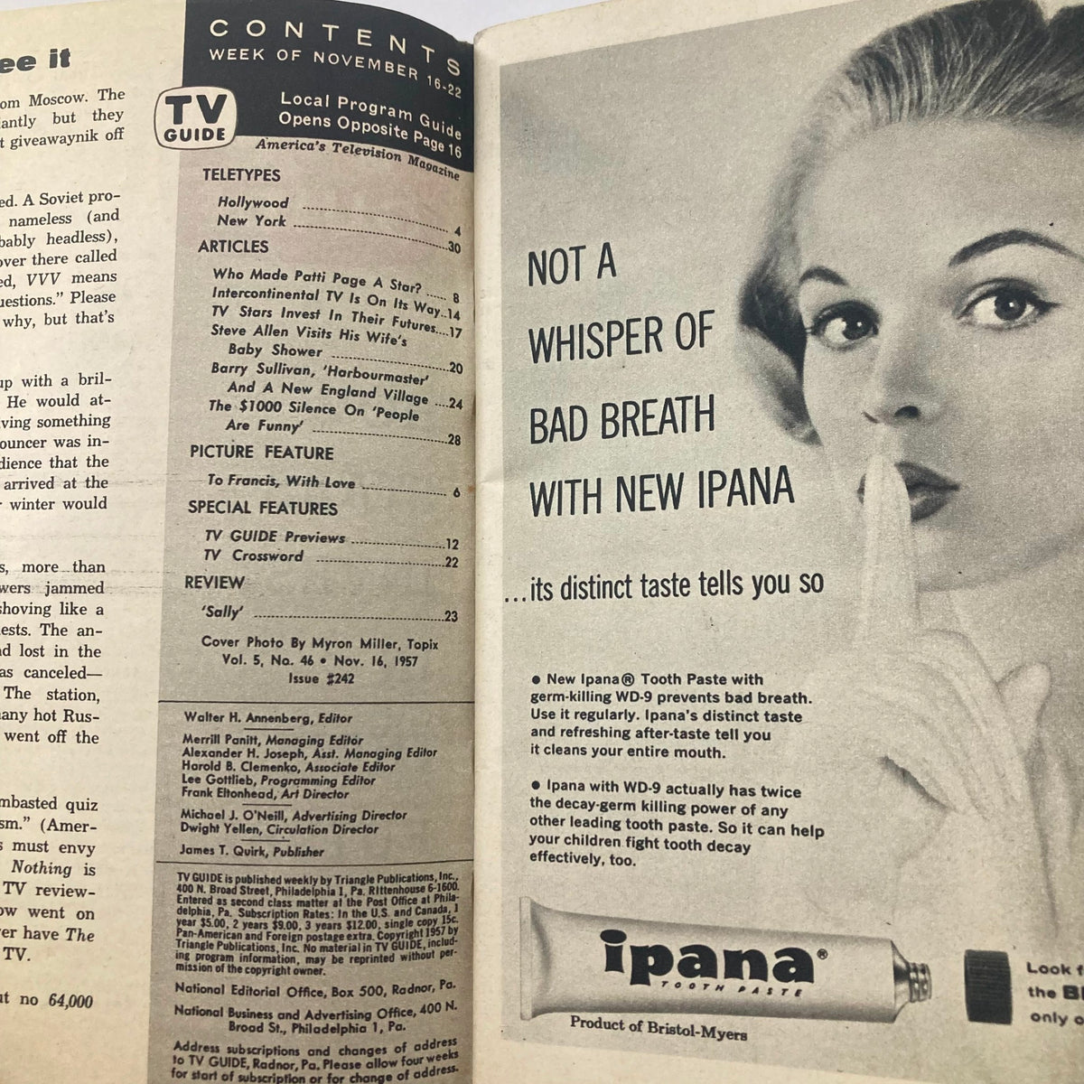 Interior page of TV Guide Magazine November 16 1957, displaying contents and an advertisement for Ipana Toothpaste, highlighting television features of the era.