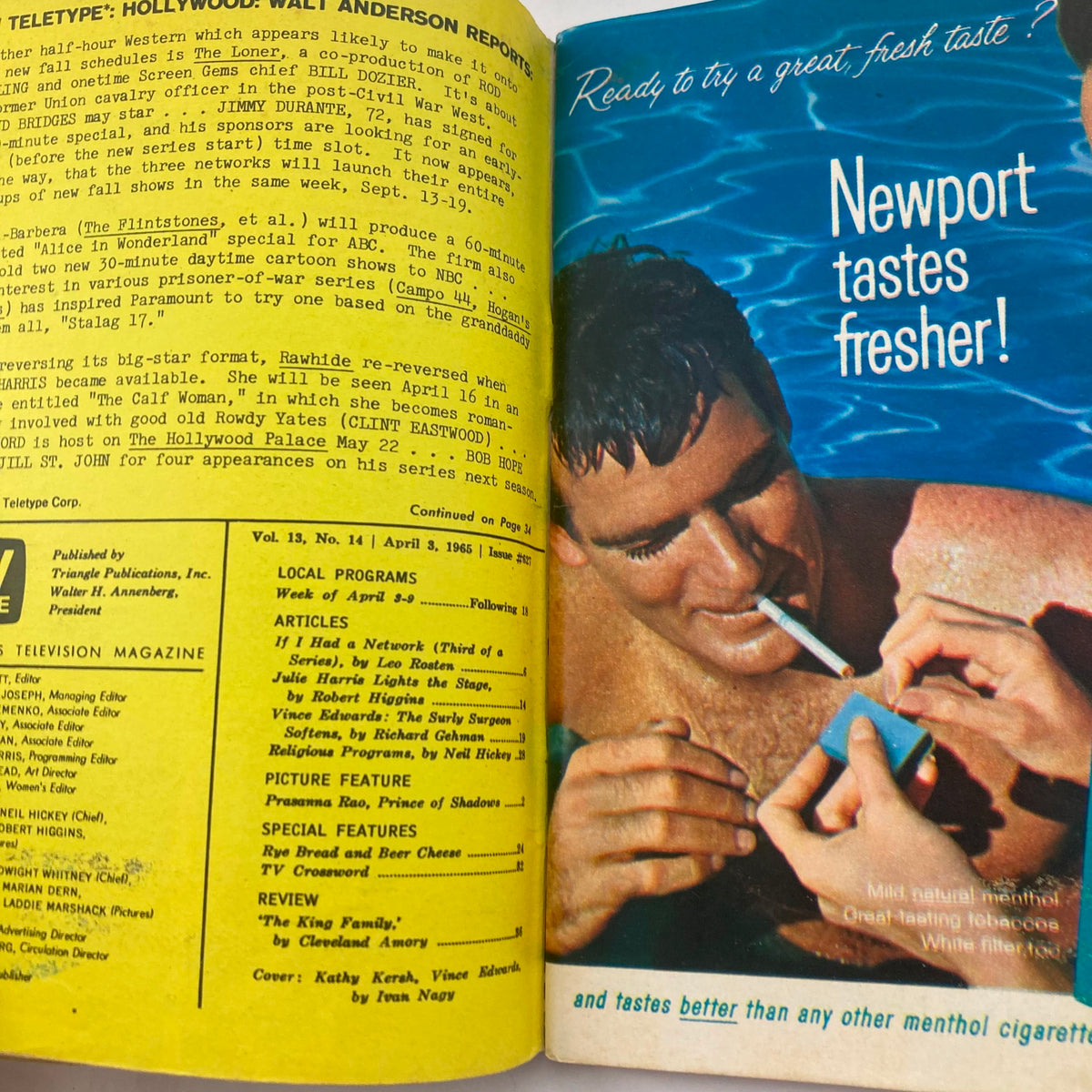 Inside of TV Guide Magazine April 3 1965 #627 with an article titled "Vince Edwards: The Surly Surgeon Softens" and an advertisement for Newport cigarettes.