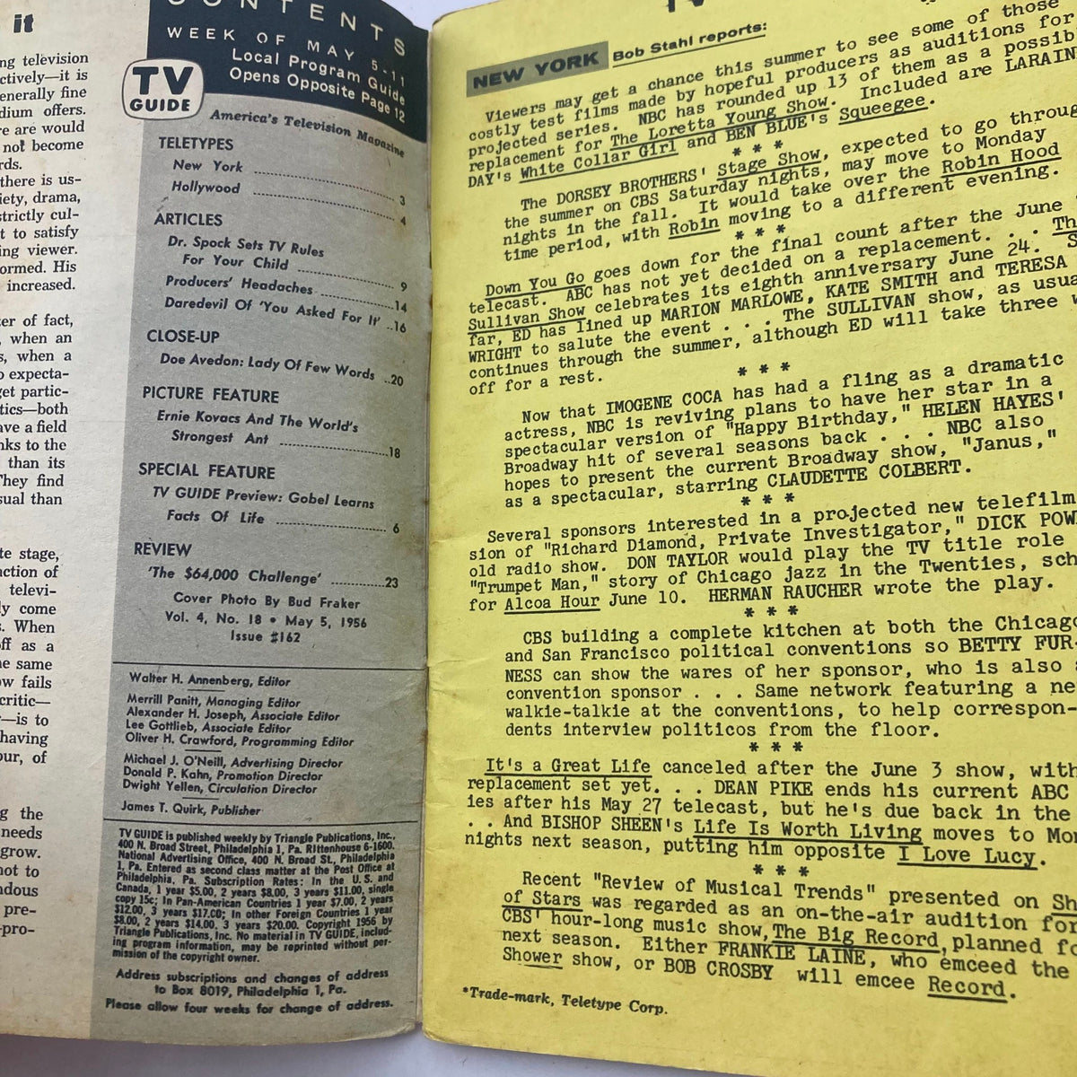 Interior page of TV Guide Magazine May 5, 1956, displaying the contents and articles including television program schedules and features related to the era.