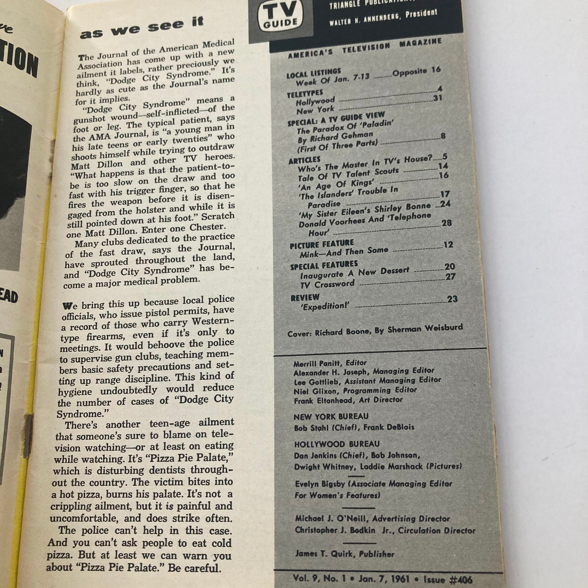 Inside page of TV Guide Magazine, January 7, 1961, issue #406 displaying content about television programming and an article titled 'As We See It'.