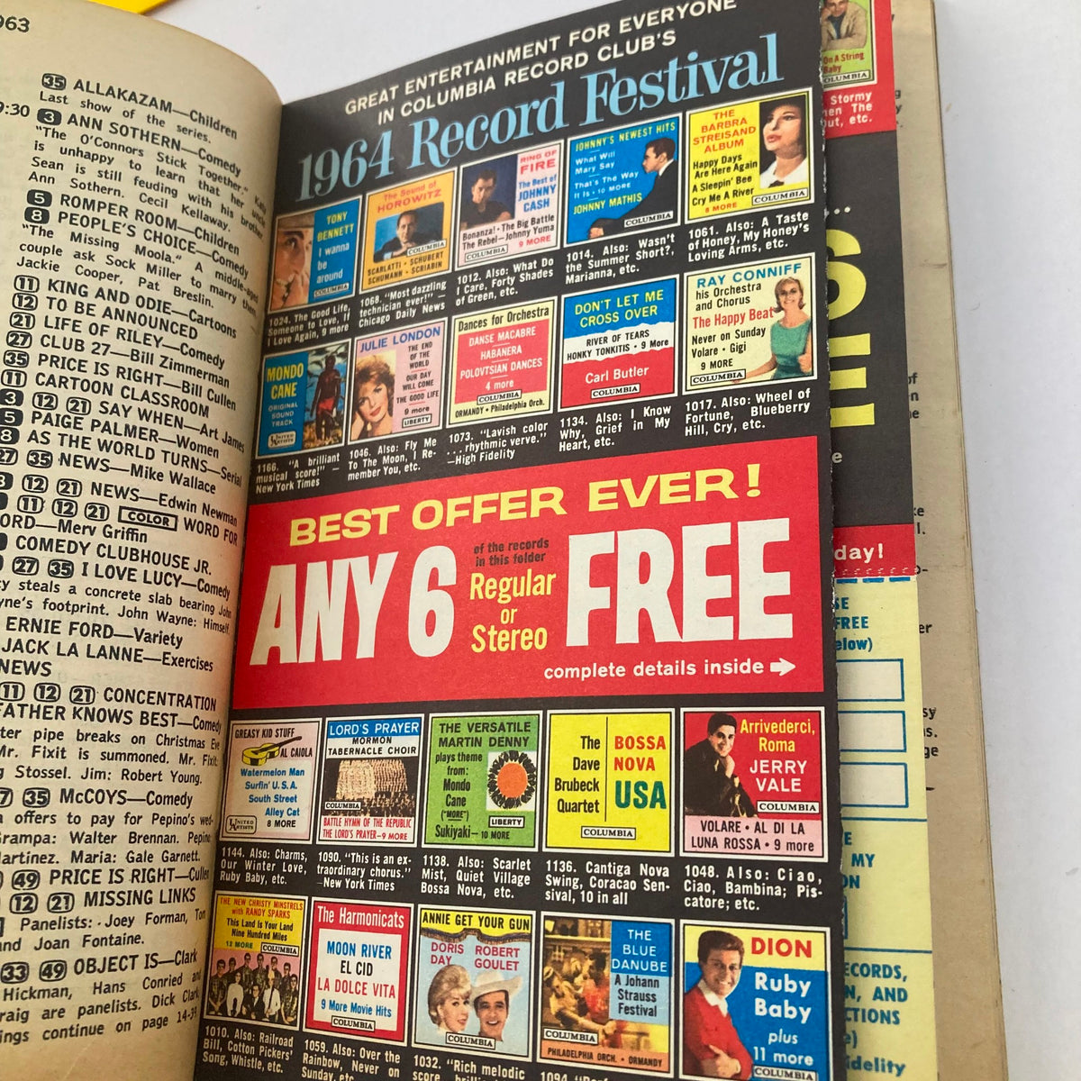 Advertisement section of TV Guide Magazine December 28 1963 #561 promoting the 1964 Record Festival. A vibrant piece capturing the era's entertainment culture.