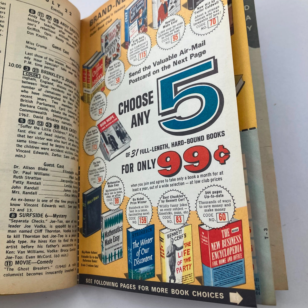 Interior page of TV Guide Magazine from July 20, 1963, featuring an advertisement to choose any 5 of 31 full-length hard-bound books for only 99 cents, highlighting book titles and covers, alongside a glimpse into television programming of the era.