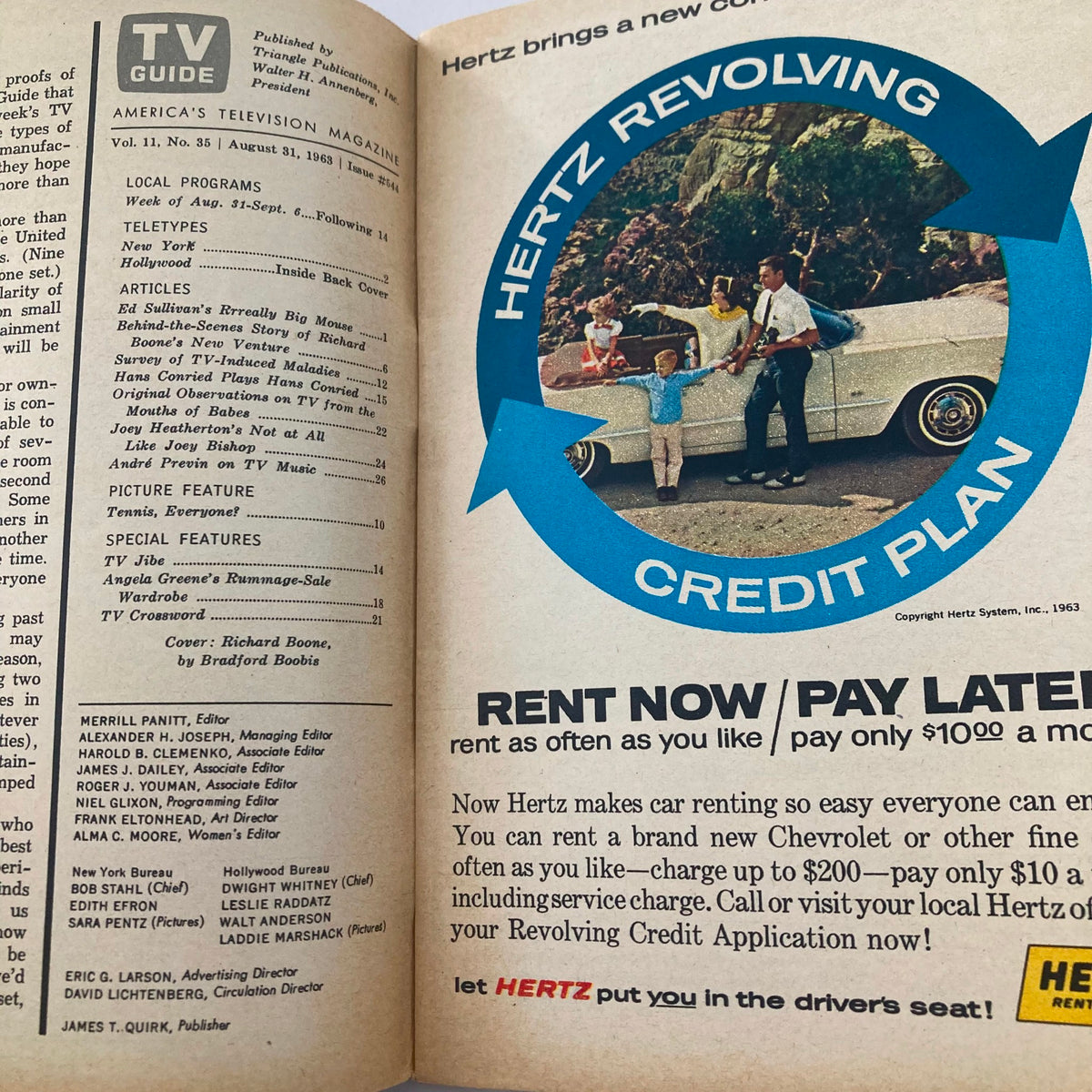 Interior page of TV Guide Magazine August 31, 1963 #544 showing Hertz advertisement with family by a car and listing of articles including Richard Boone's story.