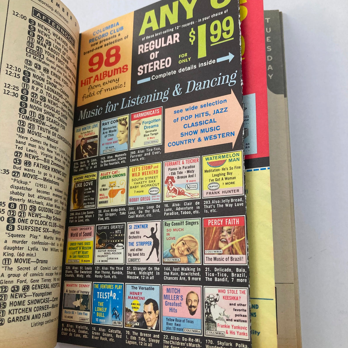 Interior page of TV Guide Magazine August 31, 1963 #544 featuring music advertisements and programming listings from Columbia Record Club.