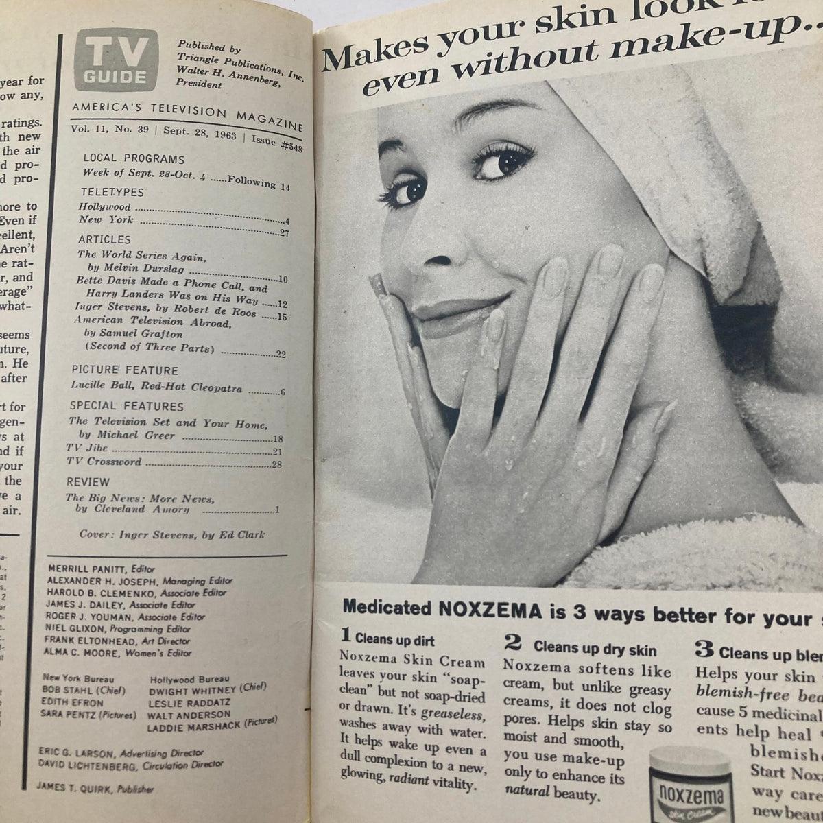 TV Guide Magazine September 28 1963 issue featuring an advertisement for Noxzema skin cream, highlighting its benefits on the skin without makeup.