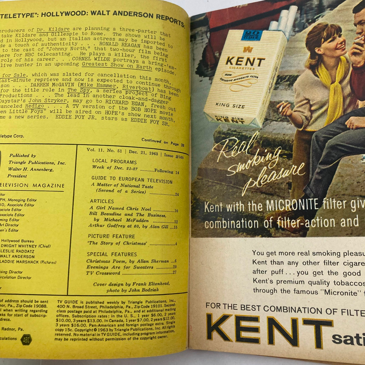 Inside page of TV Guide Magazine December 21 1963 #560 featuring advertisements and local program listings along with articles about television shows.