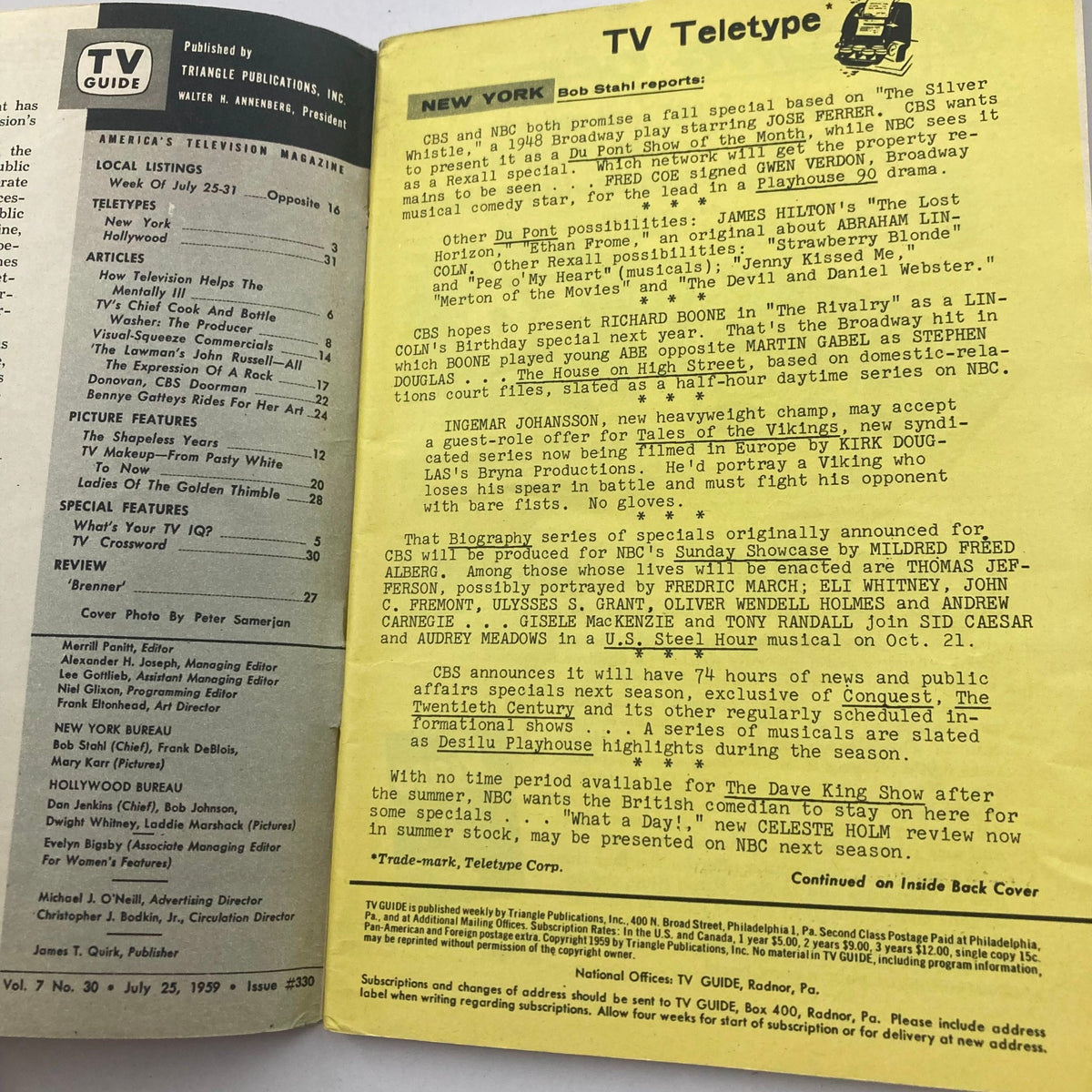 Vintage TV Guide July 25, 1959