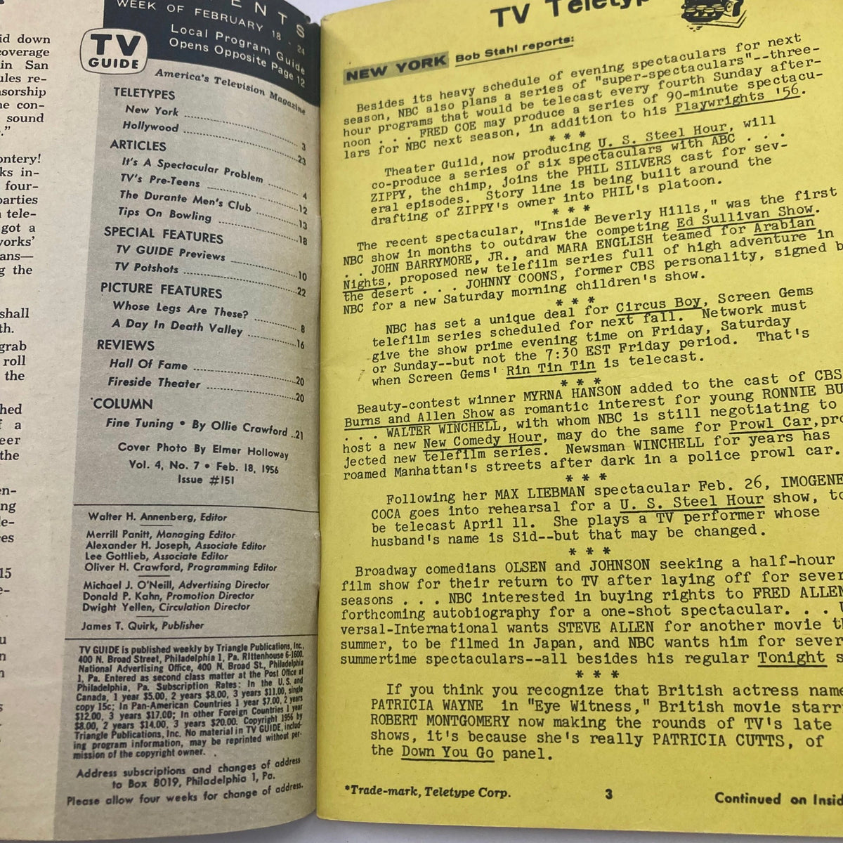 Inside page of TV Guide Magazine February 18 1956, displaying TV teletypes and articles, highlighting television programming of the week.