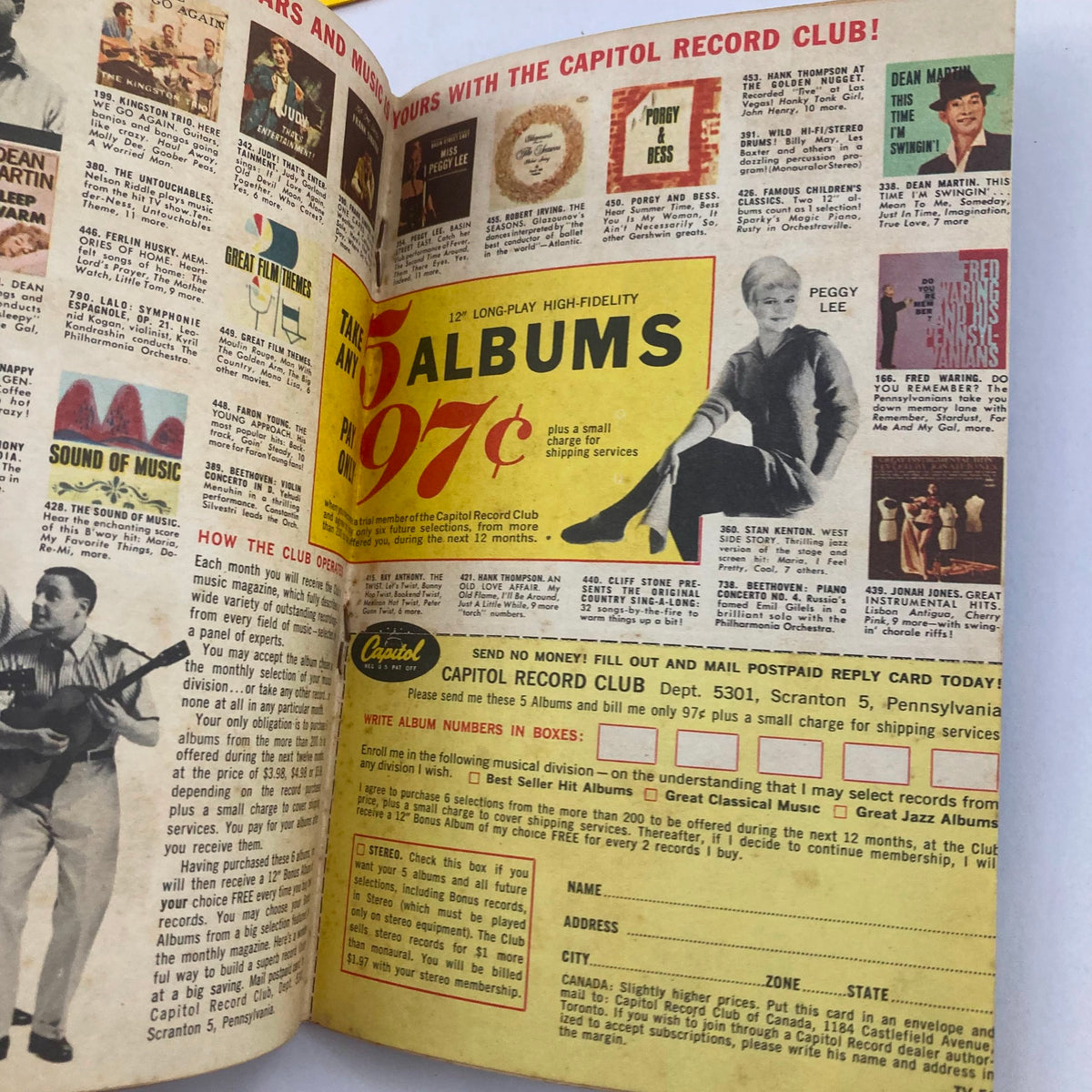 Interior page of TV Guide Magazine June 16, 1962, showcasing advertisements for records from the Capitol Record Club, featuring popular artists and albums from the era.