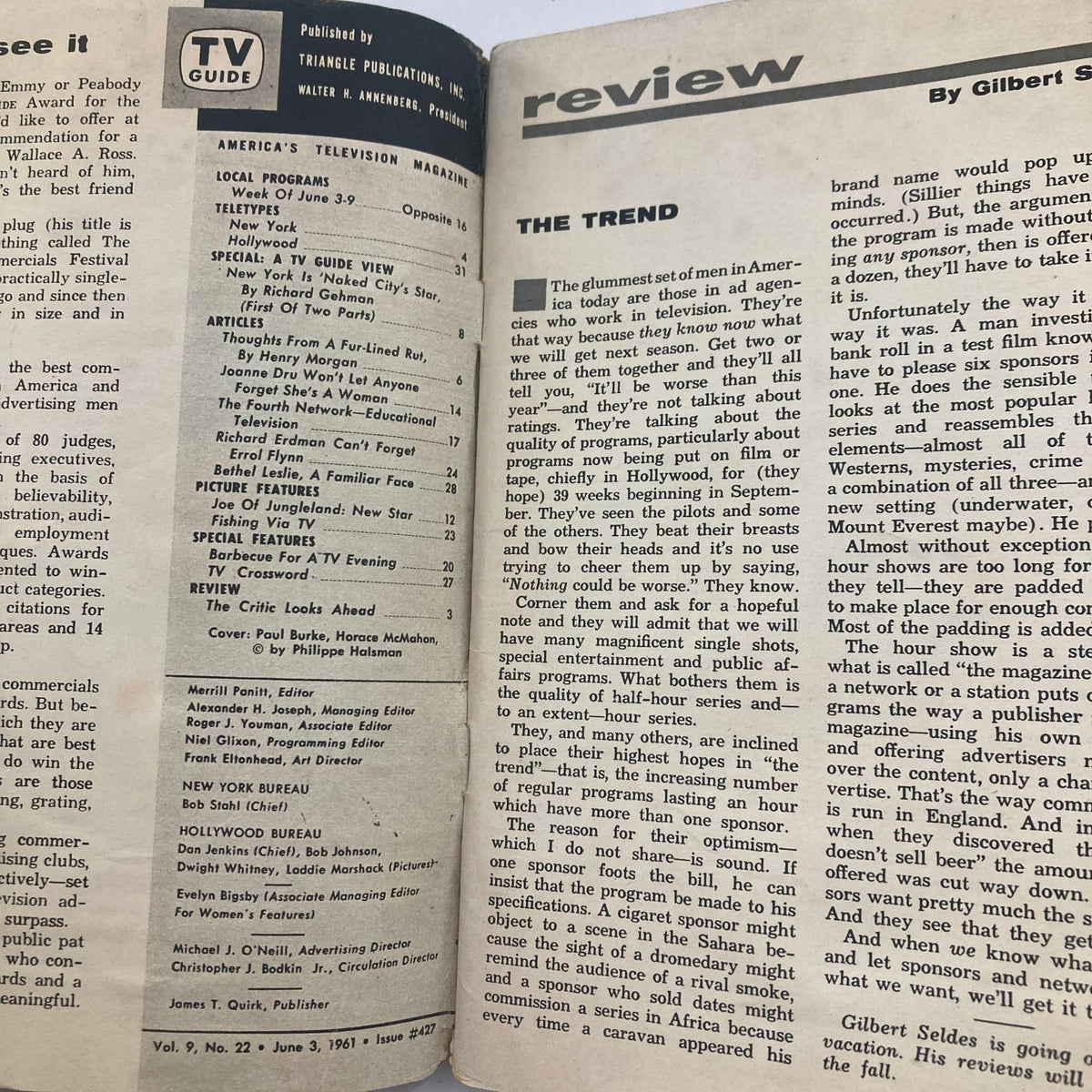 TV Guide Magazine June 3 1961 issue #427 interior page featuring program listings and articles, highlighting television trends and reviews.