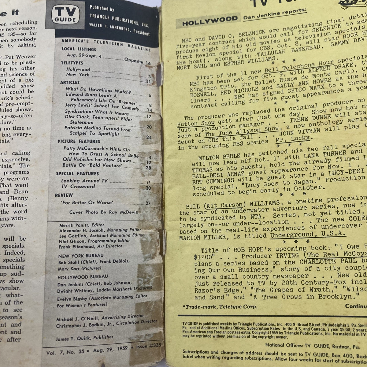 Interior pages of TV Guide Magazine, August 29, 1959, displaying articles, television listings, and editorial credits, highlighting the content of the iconic publication.