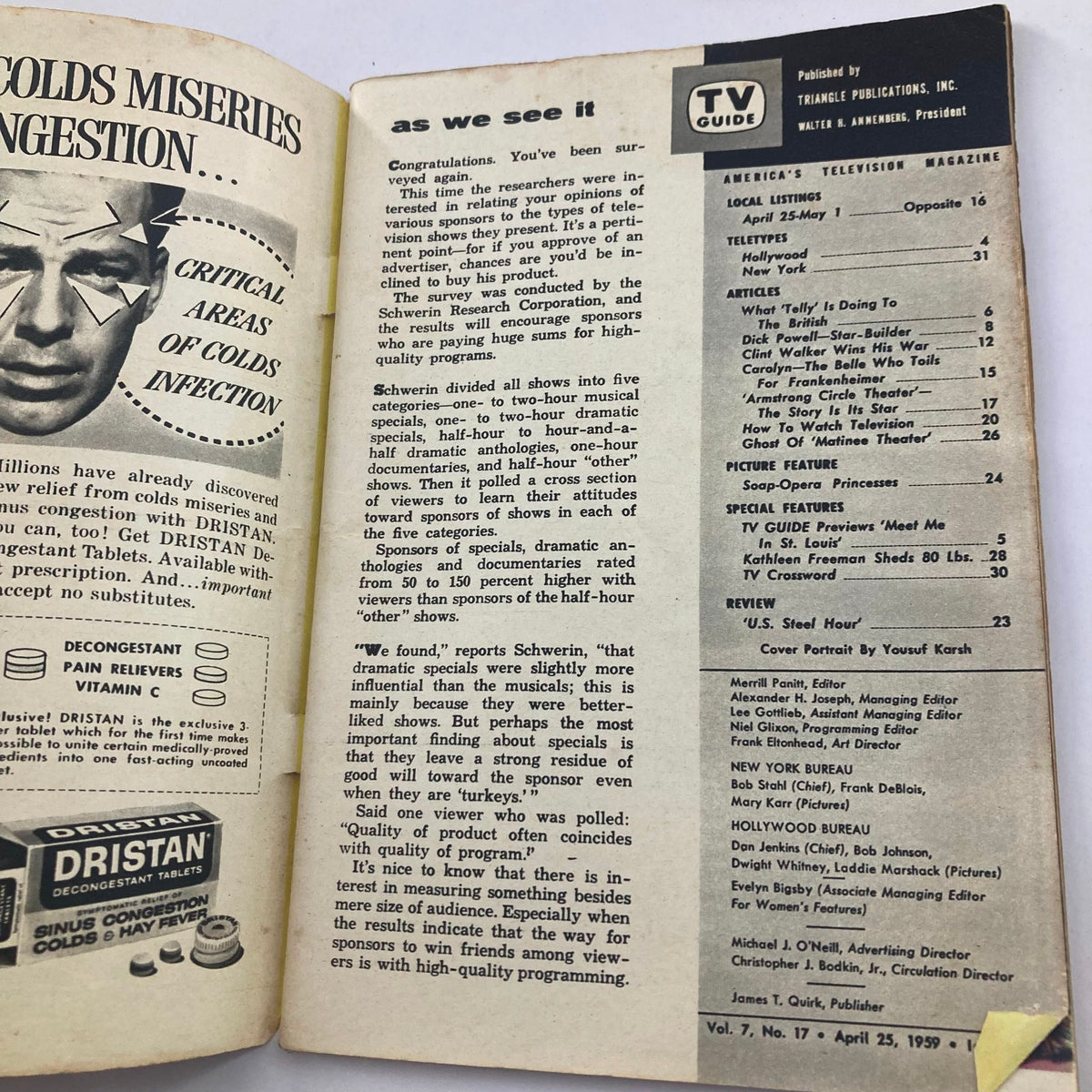 Inside page of TV Guide Magazine April 25, 1959, showcasing articles including split on television shows, insights on audience preferences, and advertising for Dristan Decongestant, with features and local listings highlighted.