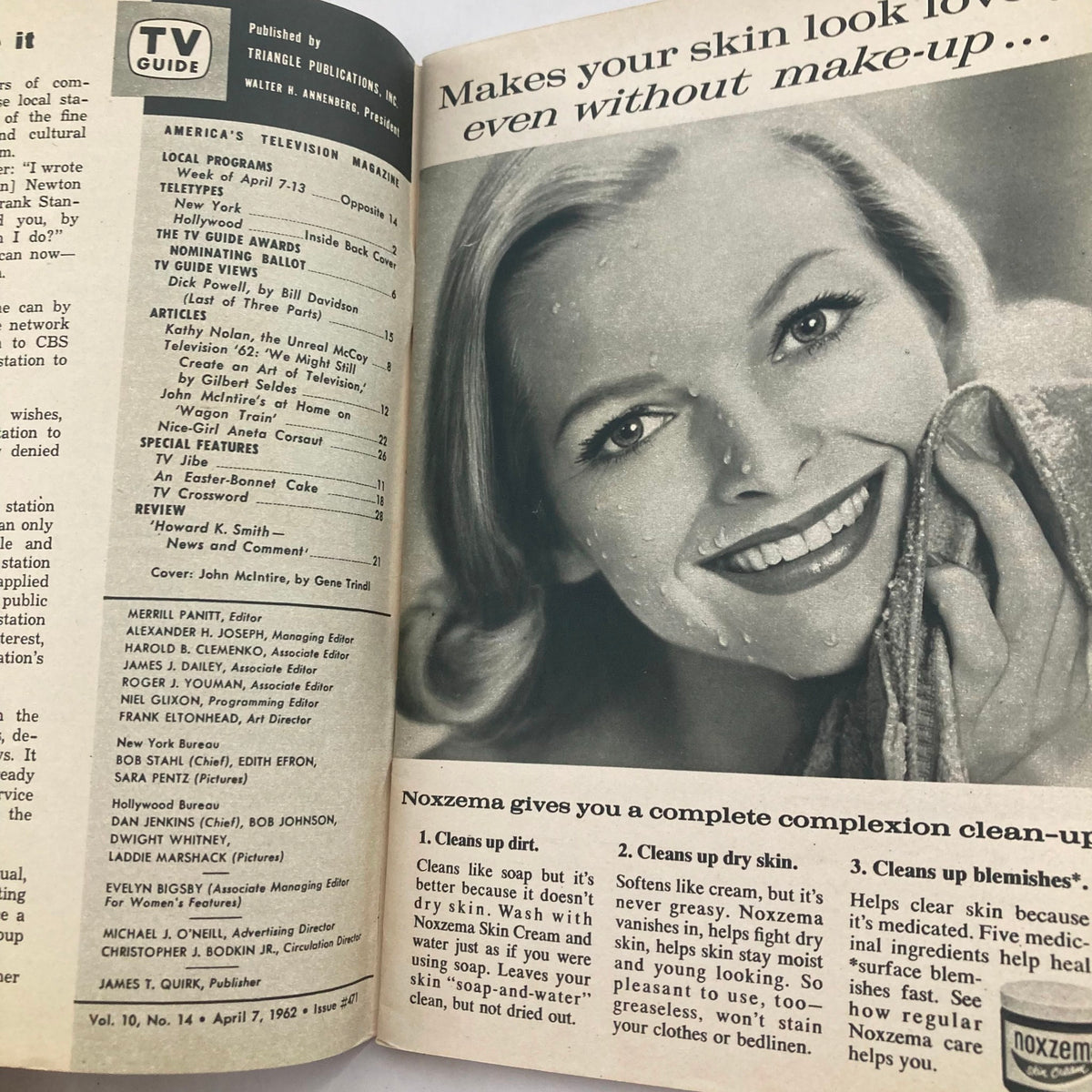 Inside page of TV Guide Magazine April 7 1962 featuring an advertisement for Noxzema skin care with a smiling woman showcasing glowing skin, demonstrating the magazine's content from the early 1960s.