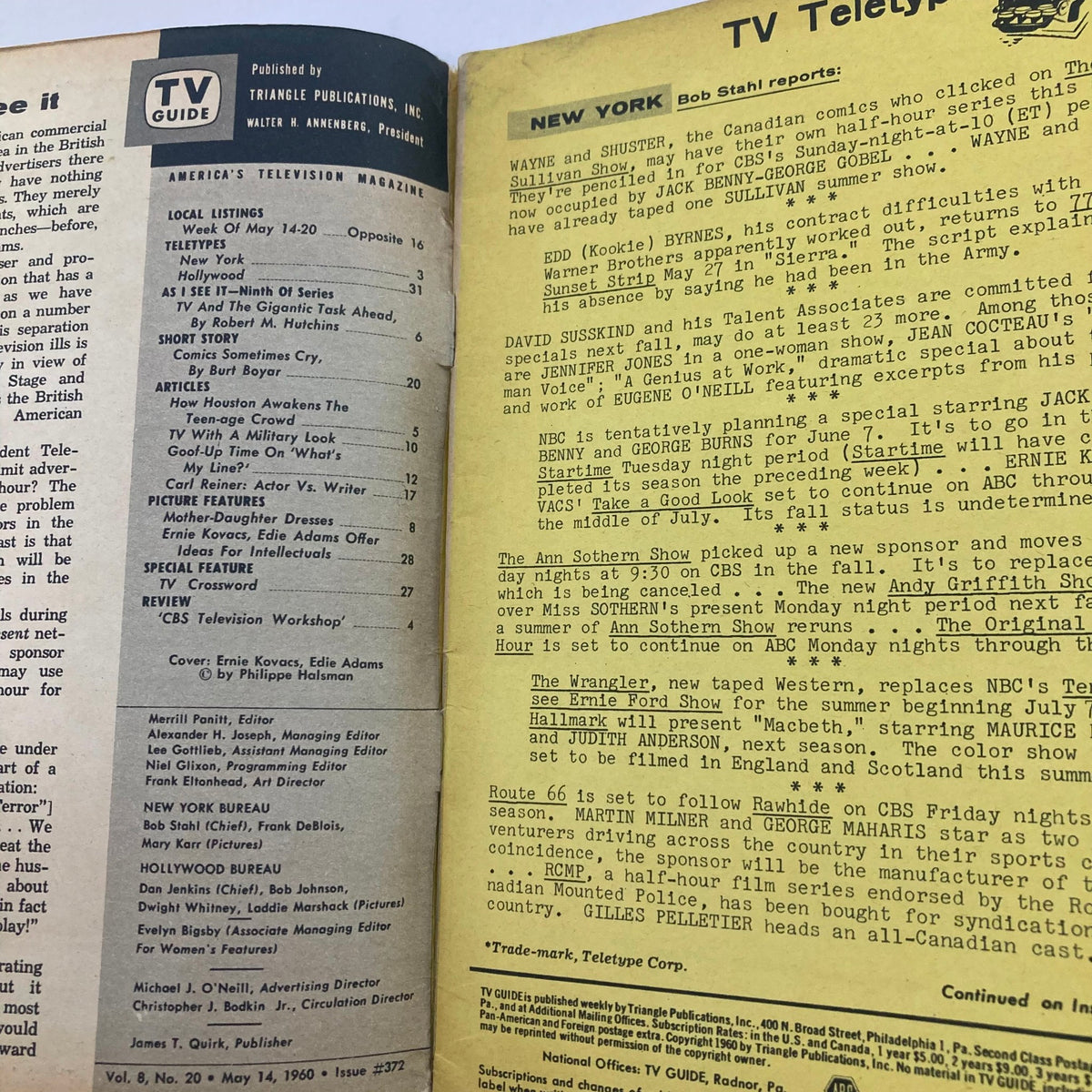 Interior page of TV Guide Magazine May 14 1960, displaying TV listings and articles related to iconic television shows of that era.