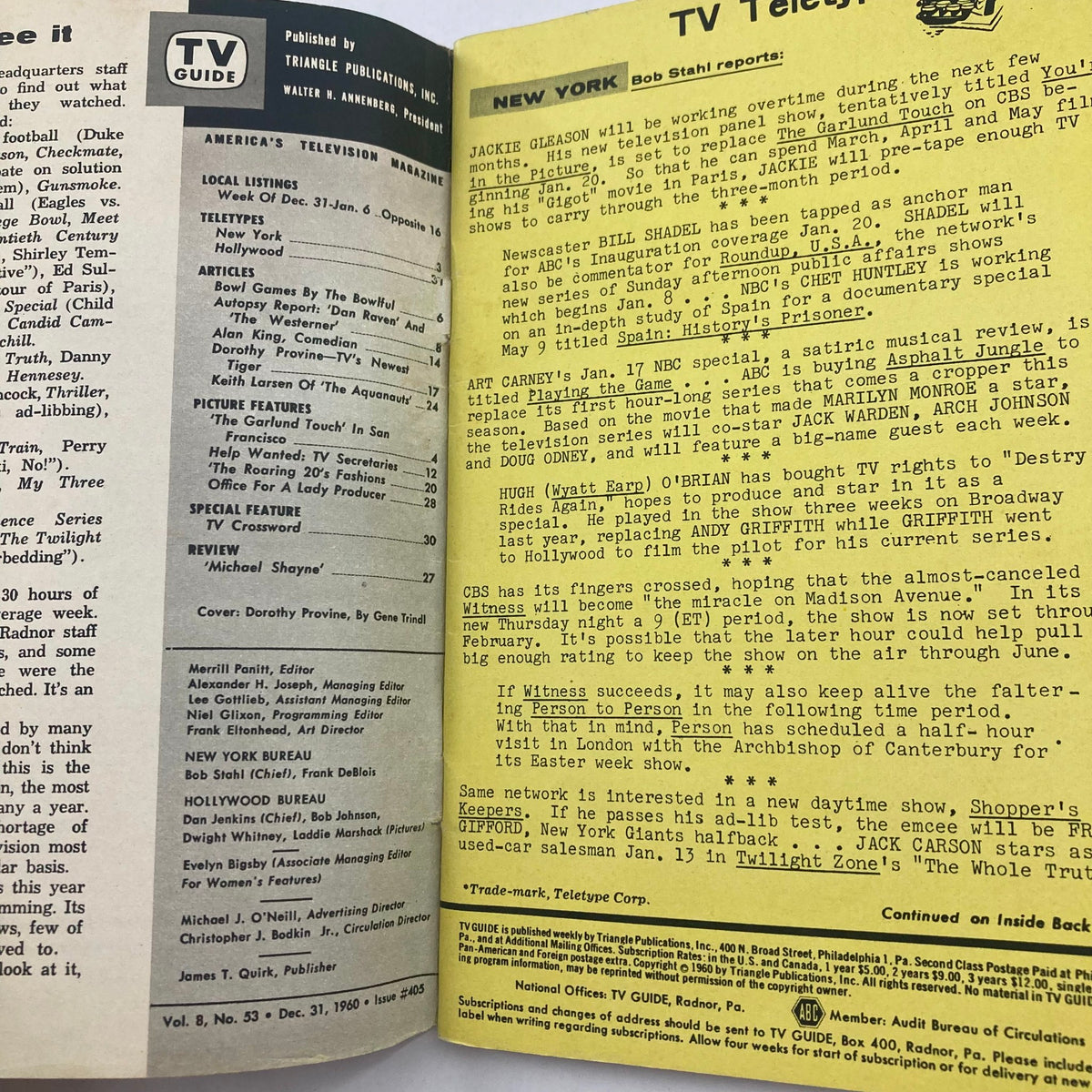 Inside page of TV Guide Magazine December 31 1960 with articles and listings from that era, highlighting television history and the feature on Dorothy Provine.