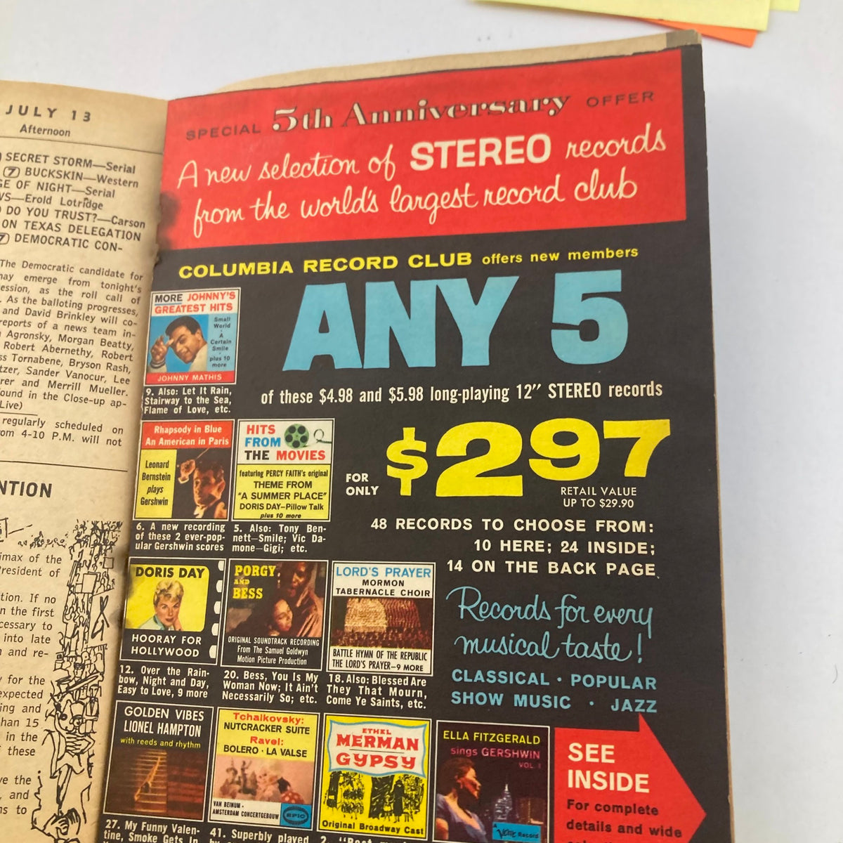 Inside page of TV Guide Magazine July 9, 1960, displaying a special offer for Columbia Record Club records and advertisements from the era.