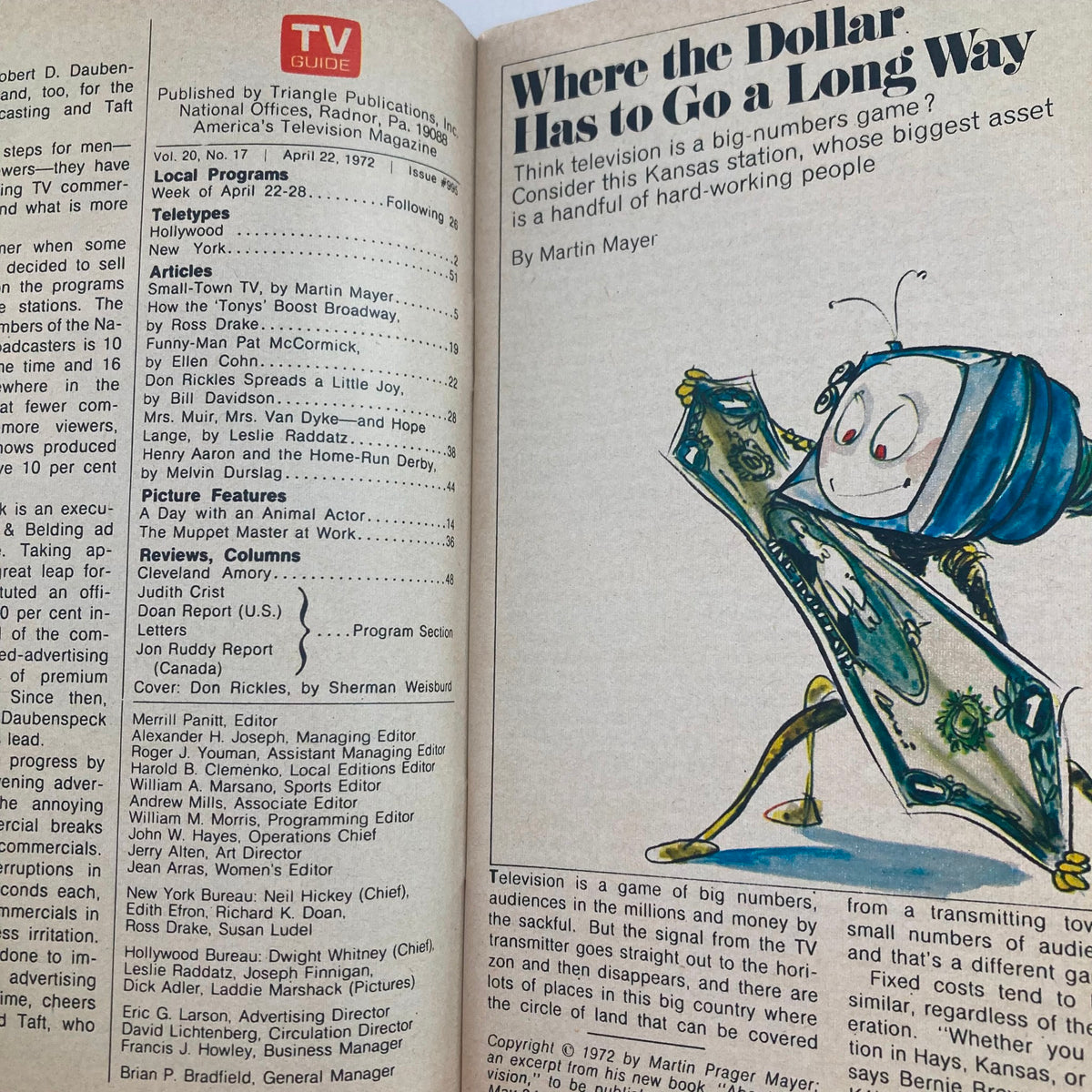 Inside page of TV Guide Magazine April 22 1972, featuring an article titled 'Where the Dollar Has to Go a Long Way', showcasing a cartoon character and text about television programs.