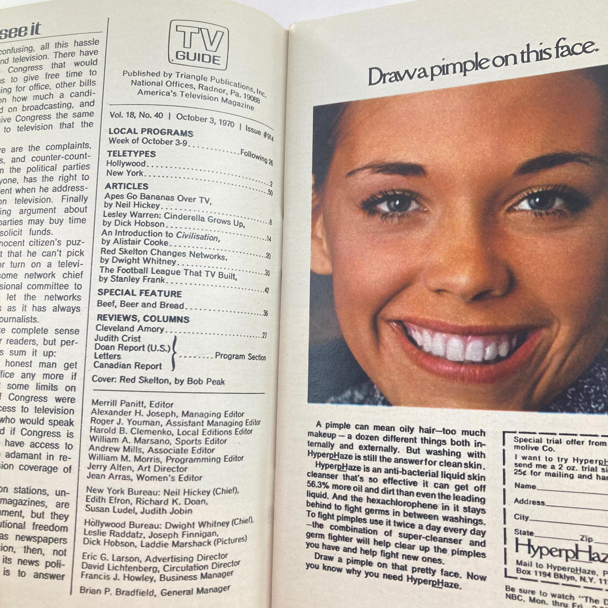 Interior page of TV Guide Magazine October 3 1970 #914 showing articles including Red Skelton and an advertisement for HyperHazel skin product.